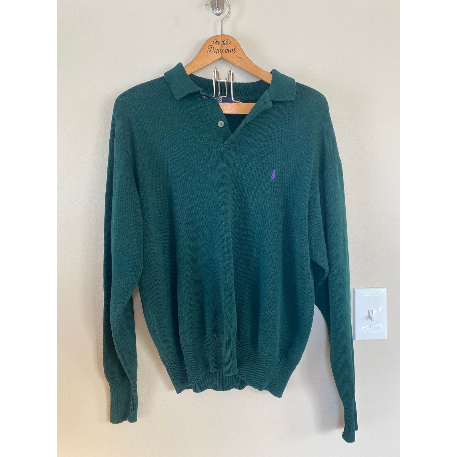 Polo Ralph Lauren × Ralph Lauren × Vintage Polo Ralph Lauren Cotton Pullover Sweater XL Green Purp Pony Size US XL / EU 56 / 4 - 2 Thumbnail
