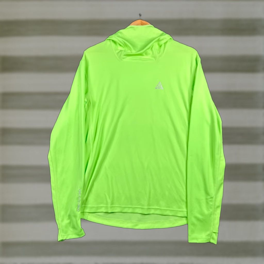 VINTAGE Nike ACG Shirt Mens Medium M Neon Green Lava Tree Hooded Long Sleeve Dri Fit ADV