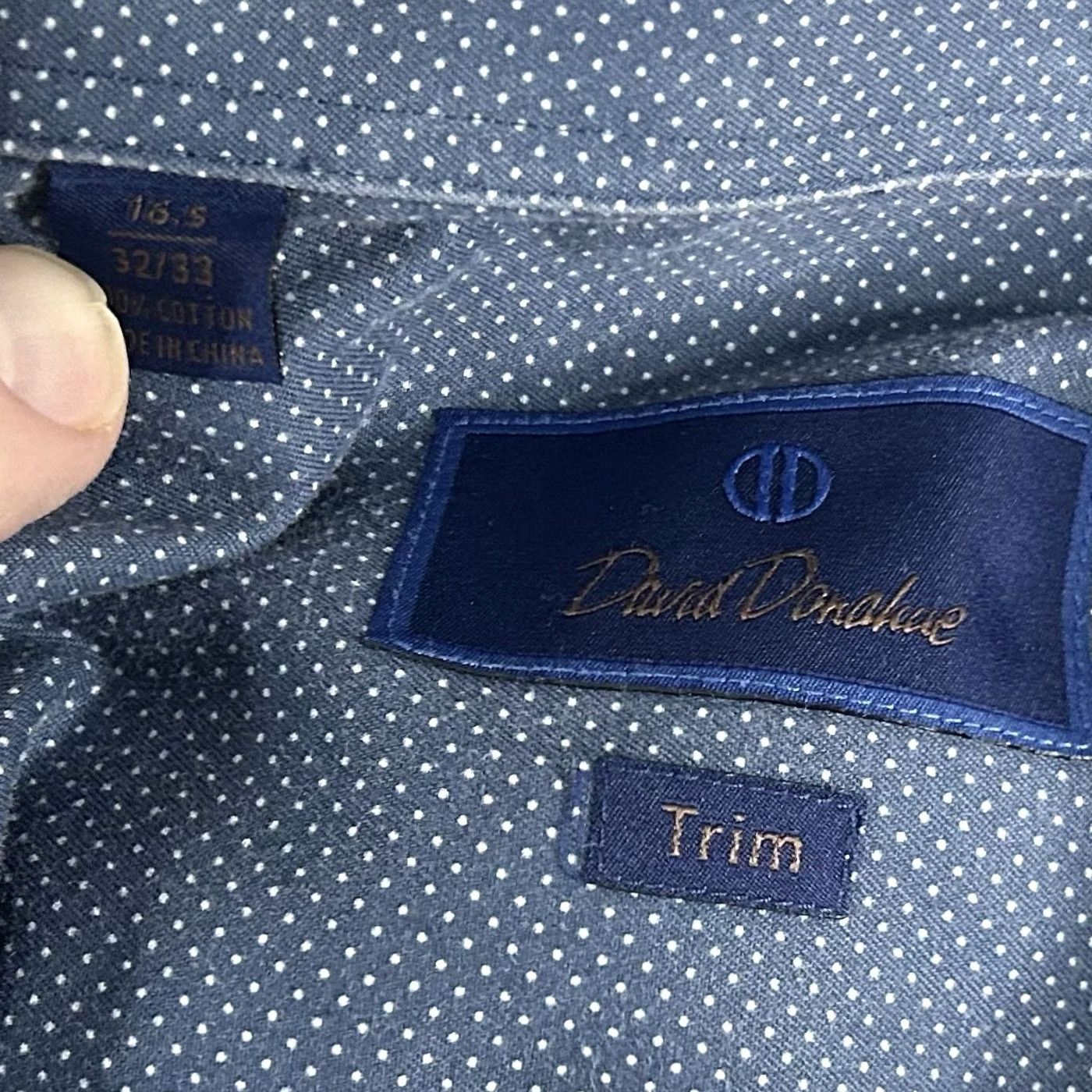 David Donahue David Donahue Dress Shirt 16.5 32/33 Blue White Polka Dot 100% Cotton Slim Knit Shirt Mens Size 46R - 3 Thumbnail