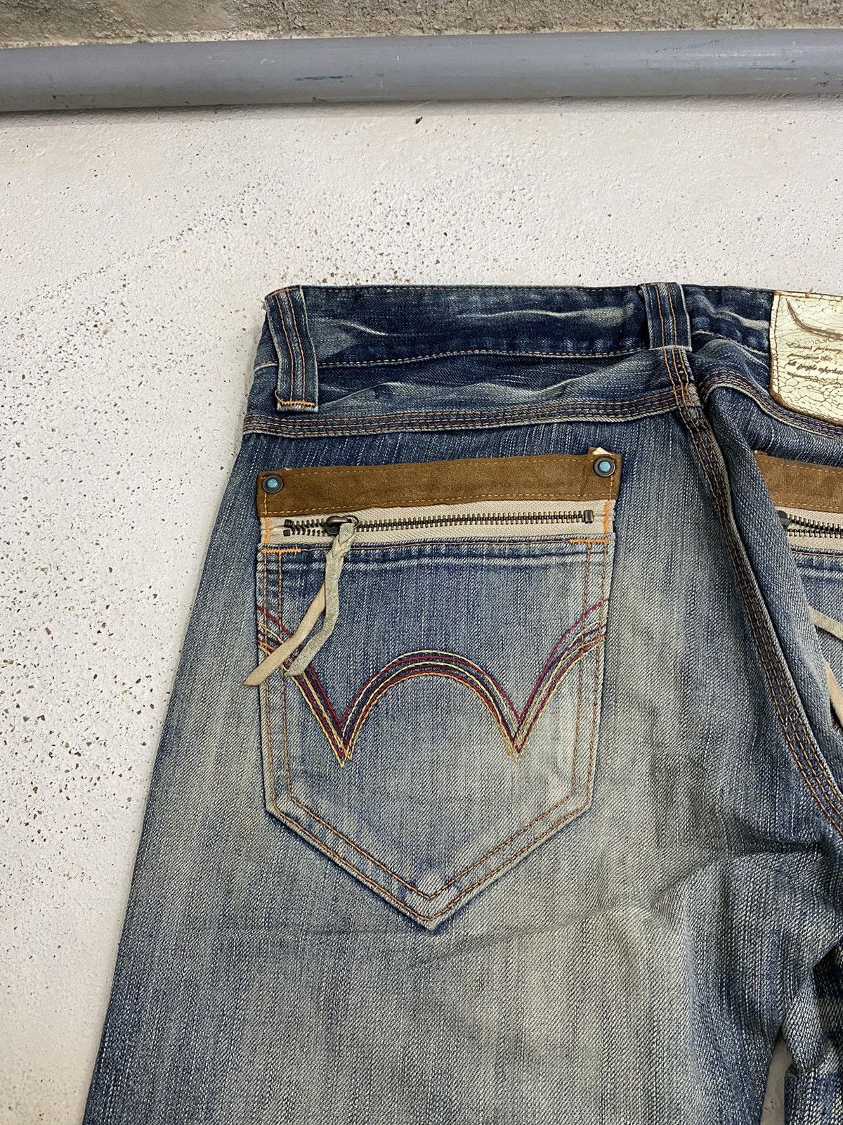 Edwin × Japanese Brand Edwin Blue Trip Mud Washed Whisker Distress Zipper Pocket Size US 31 - 13 Thumbnail