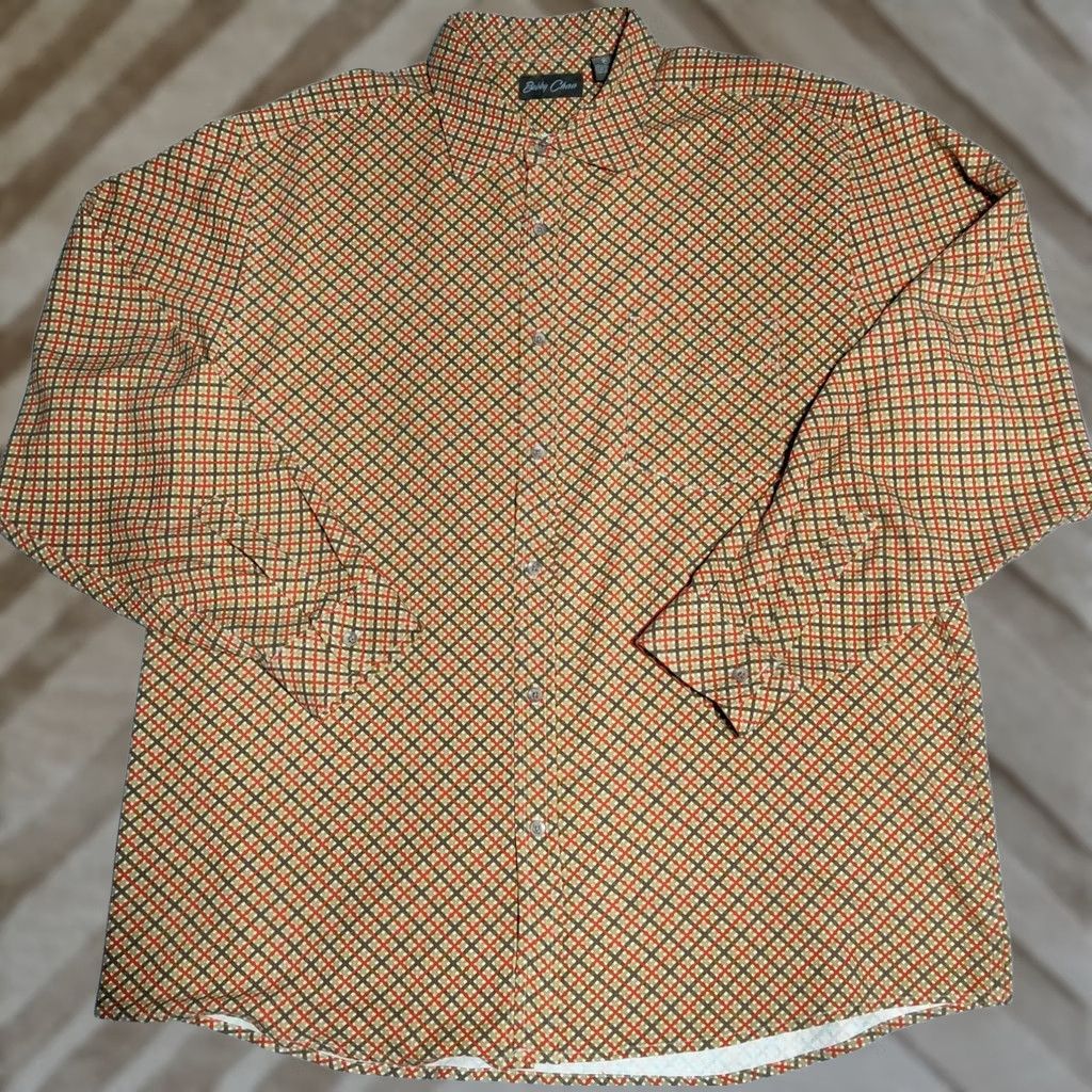 Vintage Bobby Chan Silk Button-Up Shirt XL Orange Brown Diagonal Check Men EUC Size US XL / EU 56 / 4 - 1 Thumbnail