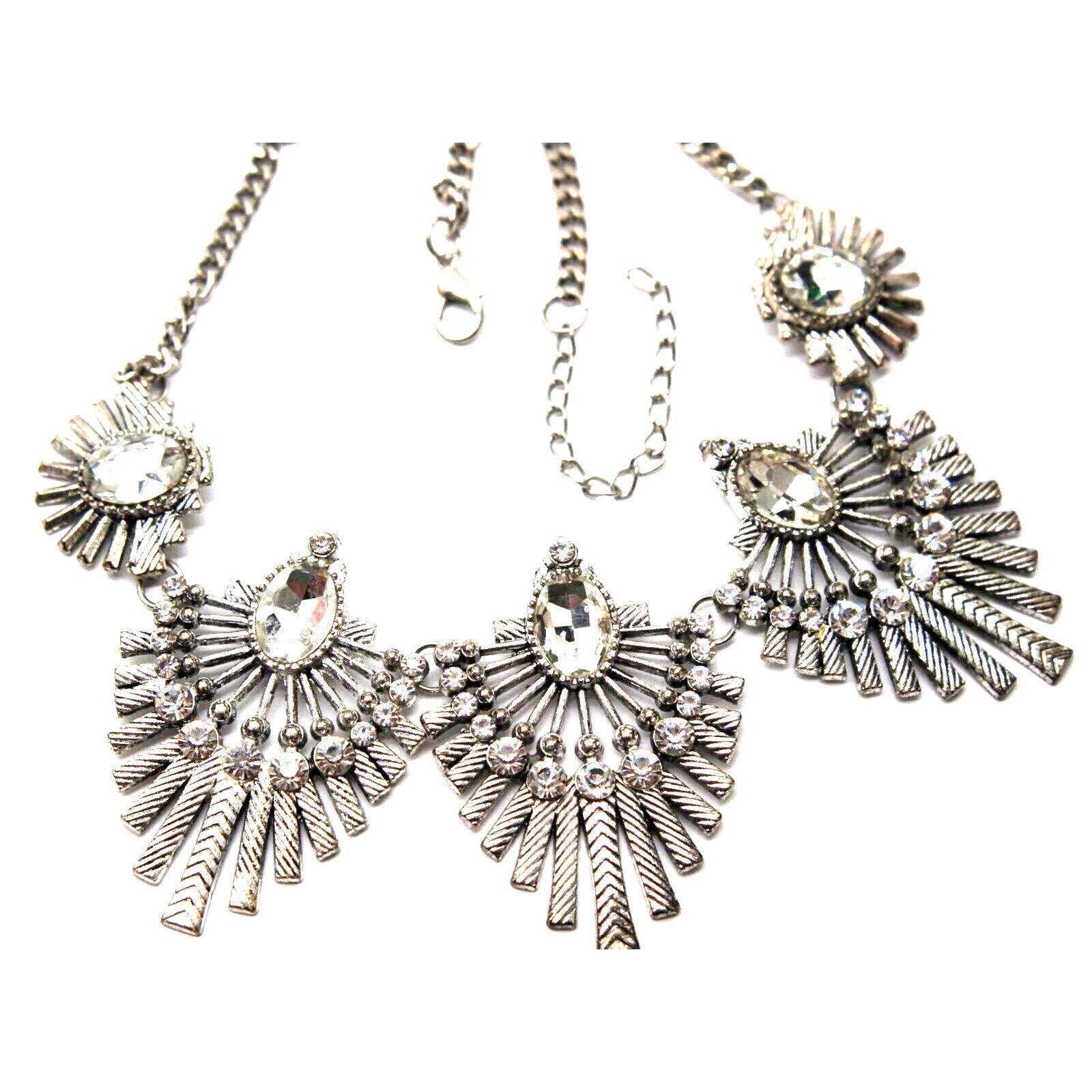 Other Vintage Statement Necklace • Big Rhinestone Silvertone Fans Size ONE SIZE - 1 Thumbnail