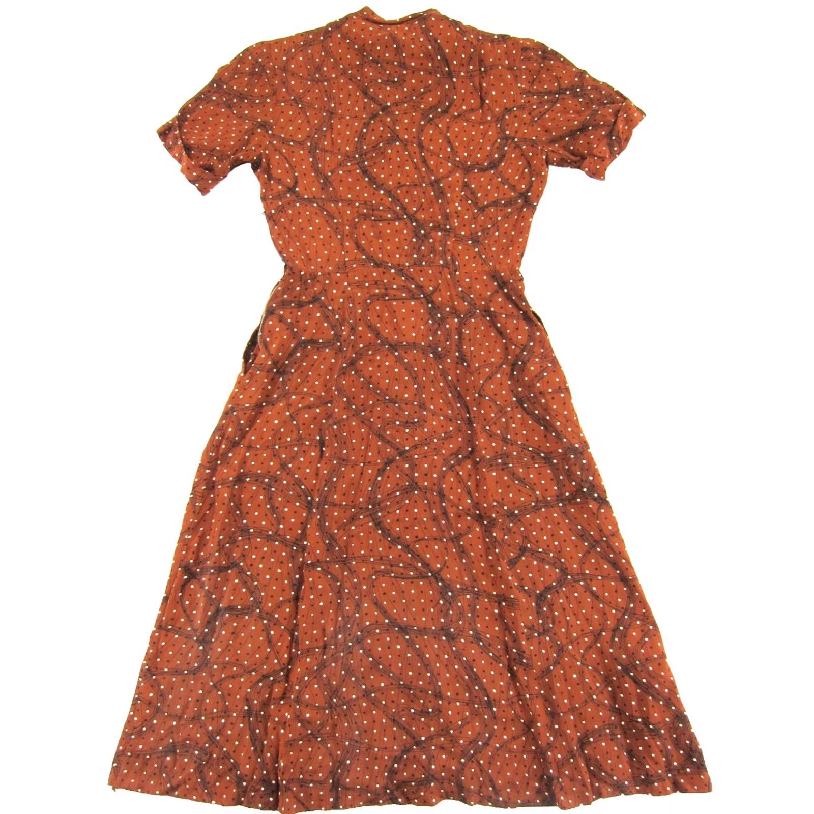 Vintage VTG 1960s Handmade Rayon Polka Dot Midi Sheath Dress XS Brown Black White Pockets Zipper Button Vintage Women Size XS / US 0-2 / IT 36-38 - 2 Thumbnail