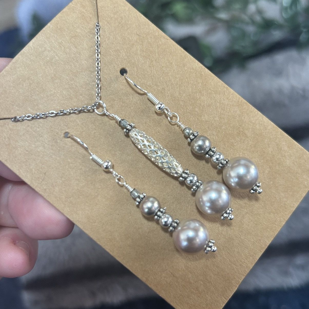Handmade Handcrafted elegant pearl silver mesh necklace set Size ONE SIZE - 1 Thumbnail