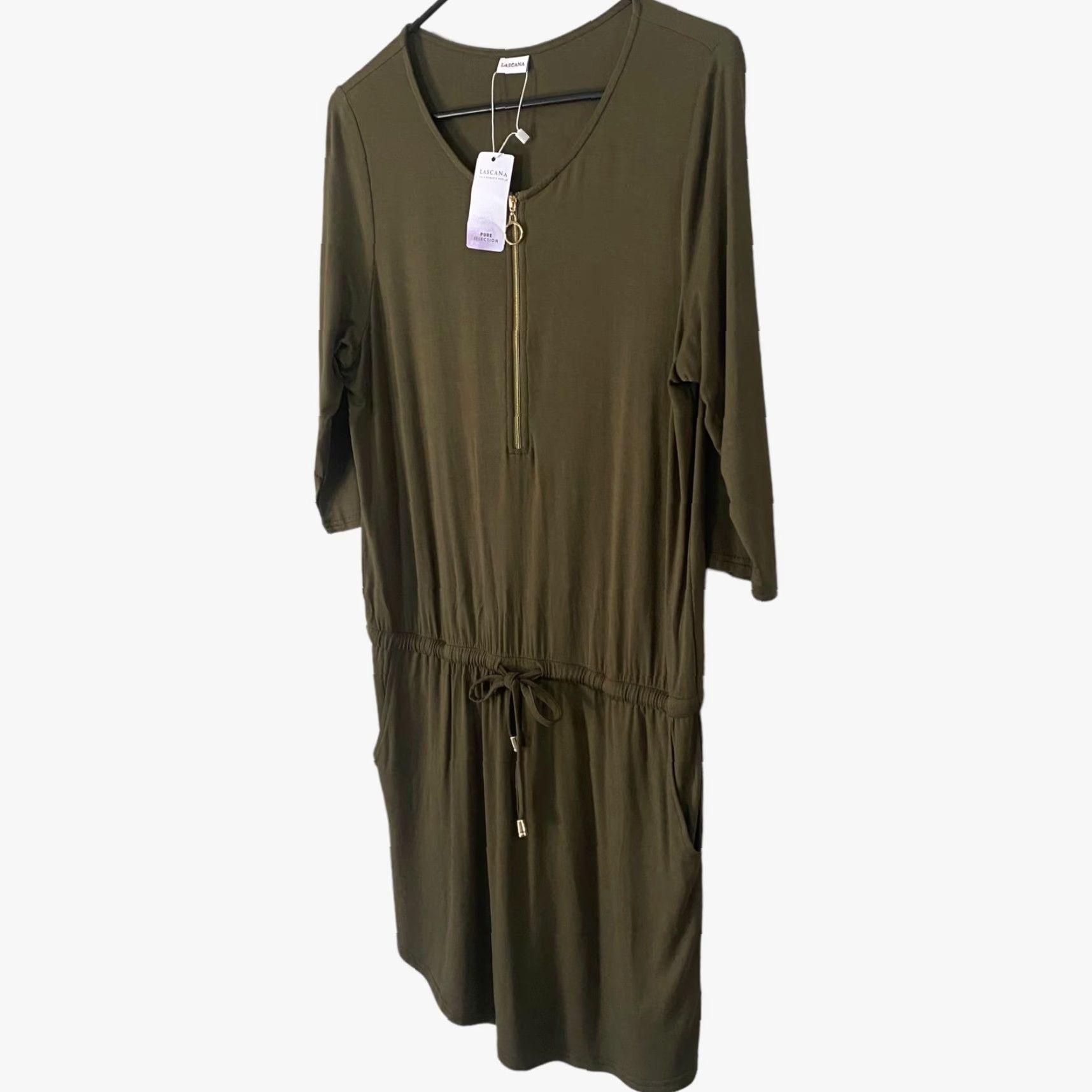 Vintage LASCANA Zip-Front Mini Dress Green Women's Size 6 Casual Drawstring Beach 3/4 Sleeve Size M / US 6-8 / IT 42-44 - 2 Thumbnail