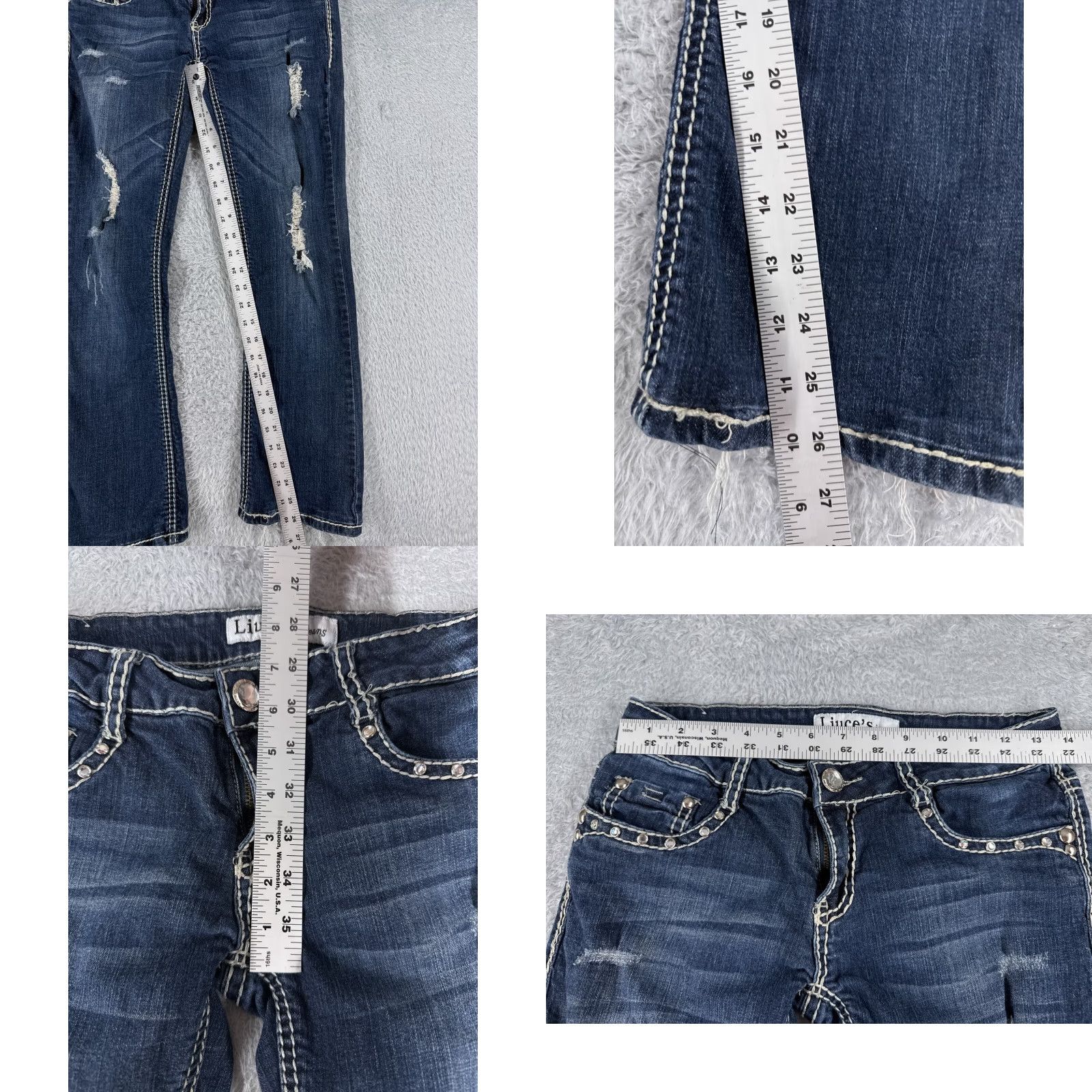 Denime Liuces Jeans Womens 7 Blue Denim Bootcut Distressed Dark Low Rise 25x26 Hemmed 26 Inseam Regular 5-Pocket Logo Embroidered Button Cotton Blend Stretch Size 28" / US 6 / IT 42 - 8 Thumbnail