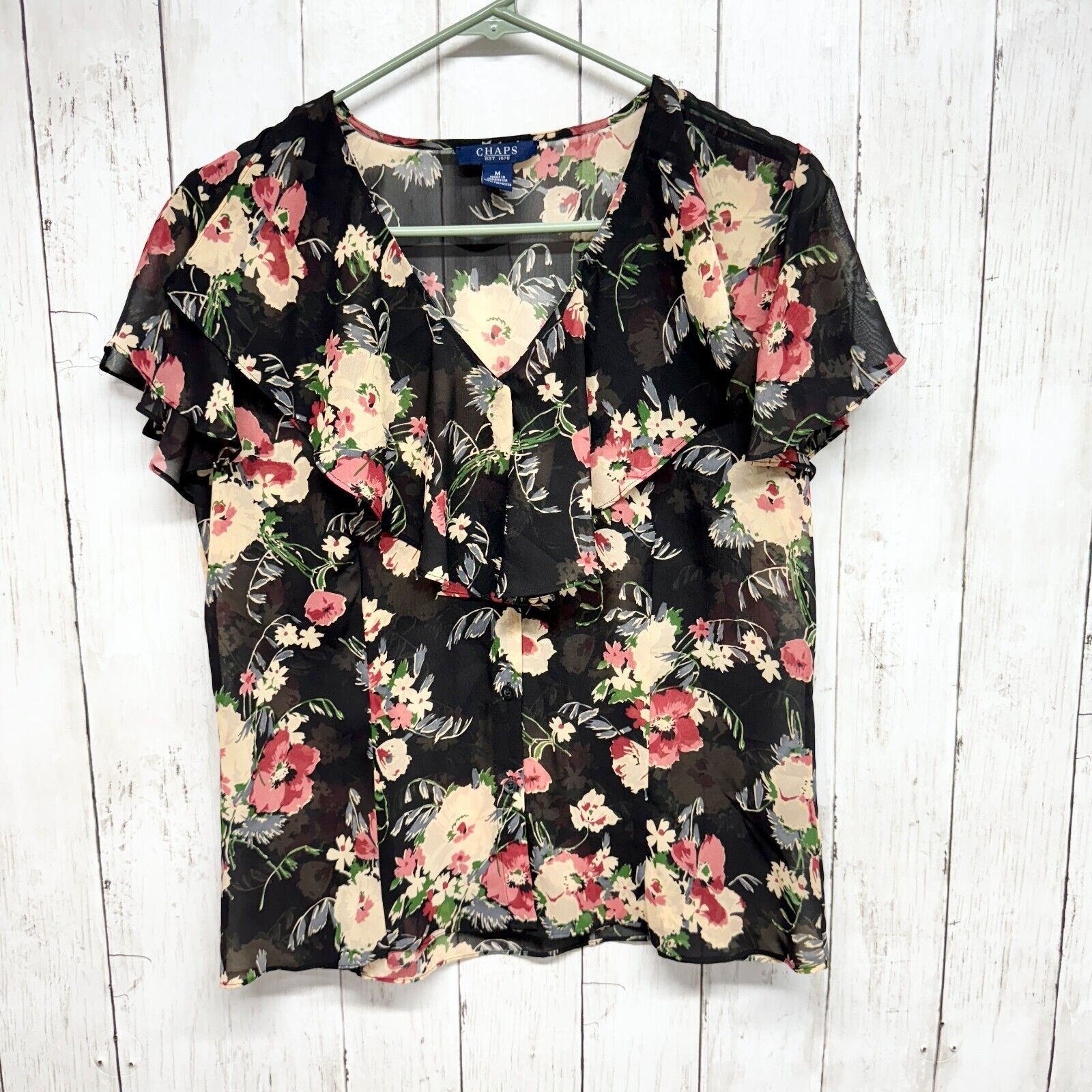 Chaps Chaps Top MD Short Sleeve Shell Black Floral Sheer V Neck Size M / US 6-8 / IT 42-44 - 1 Thumbnail