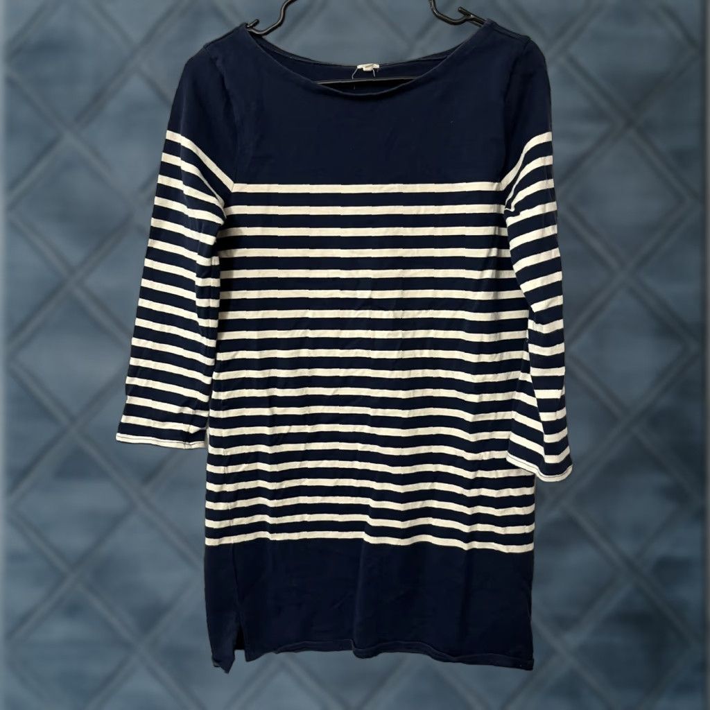 J.Crew J. Crew Sweater Dress Navy Striped 3/4 Sleeve Boat Neck Casual Knit Knee Length Women S Modern Nautical Vintage No Size S / US 4 / IT 40 - 1 Thumbnail