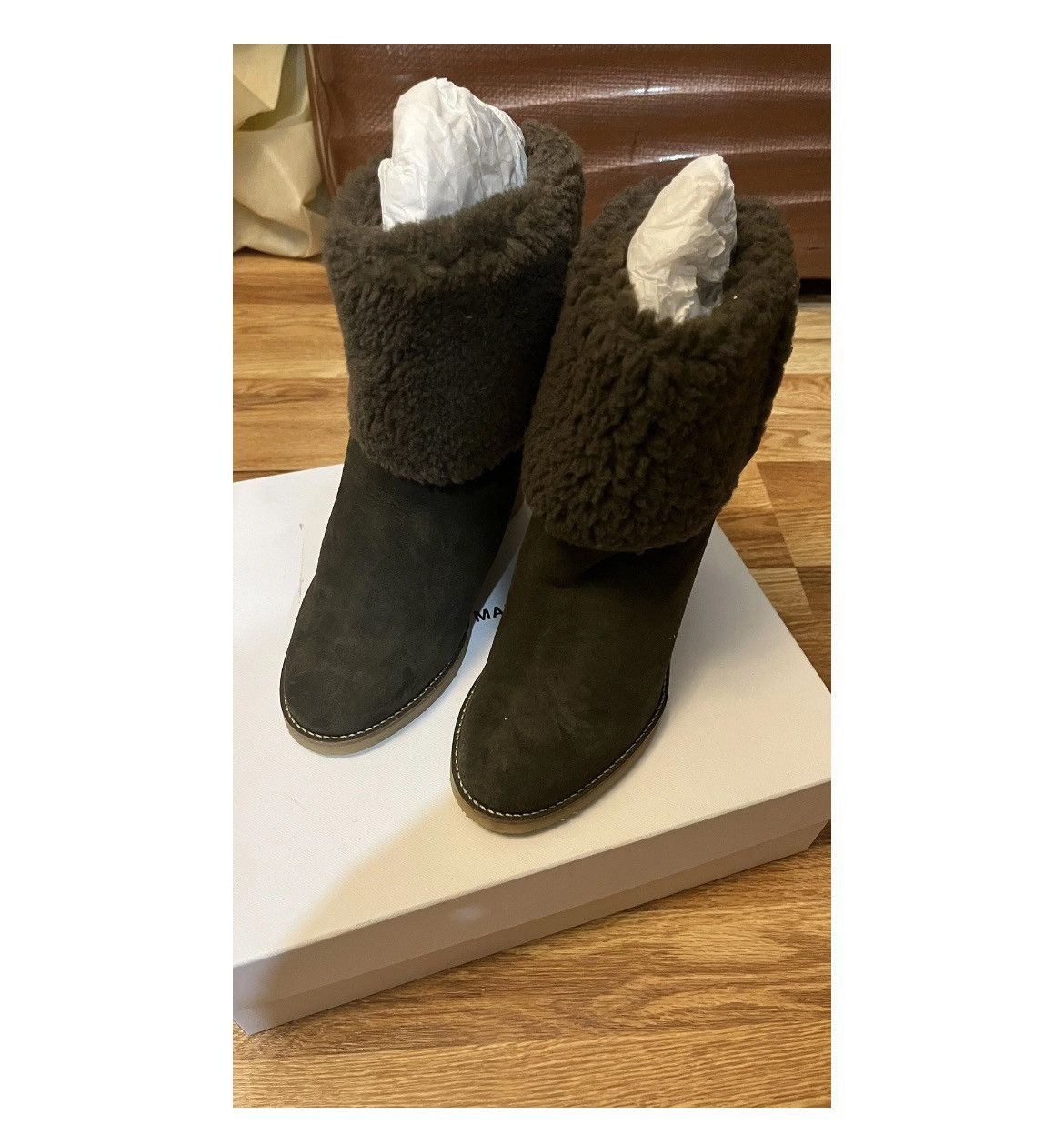Isabel Marant Chic Army green suede sheep fur trim wedges Size US 8 / IT 38 - 9 Thumbnail