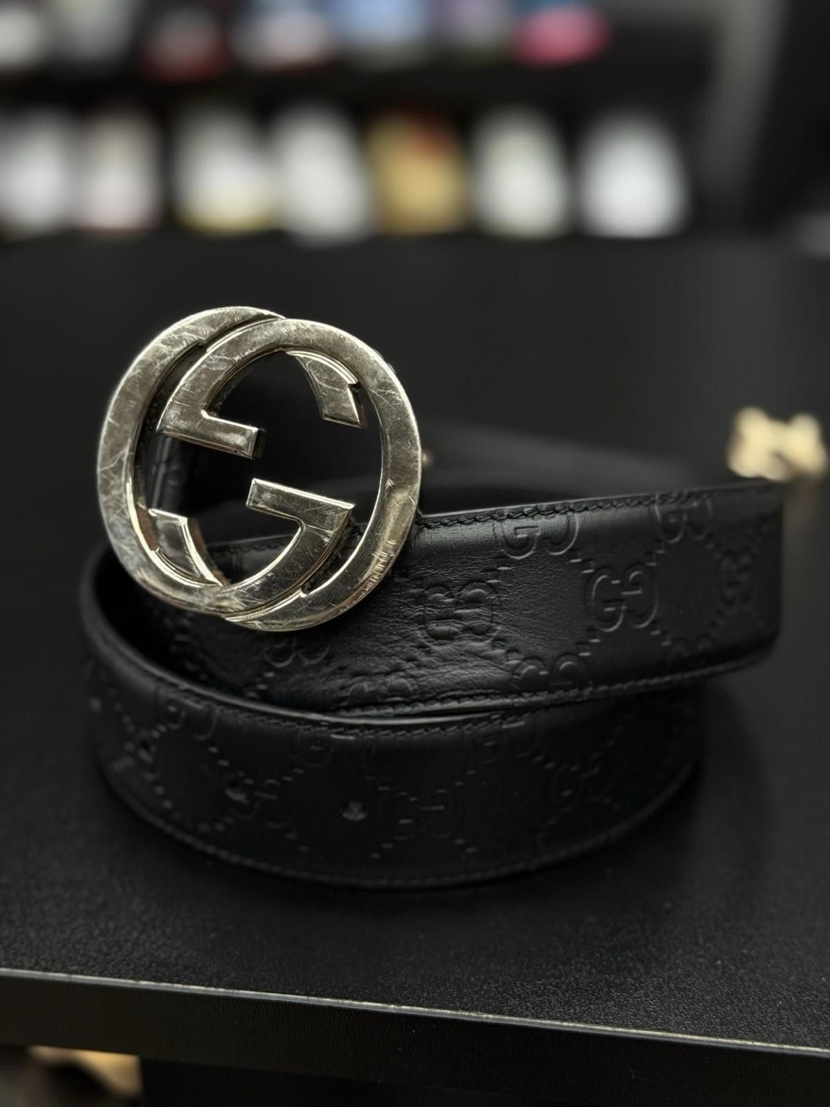 Gucci GG Canvas Wide Leather Belt In Black Size 90/36