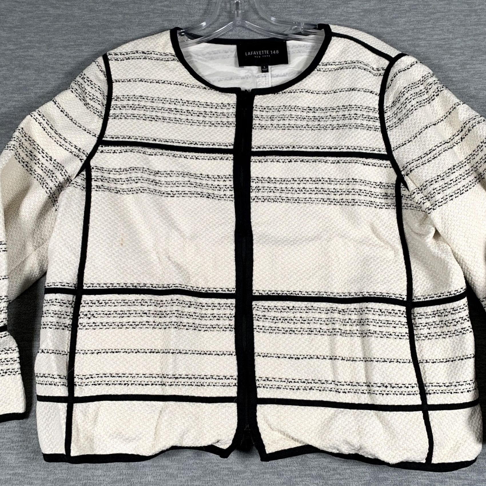 Vintage Lafayette 148 New York Jacket Womens Large White Stripe Tweed Collarless Zip Size L / US 10 / IT 46 - 2 Thumbnail