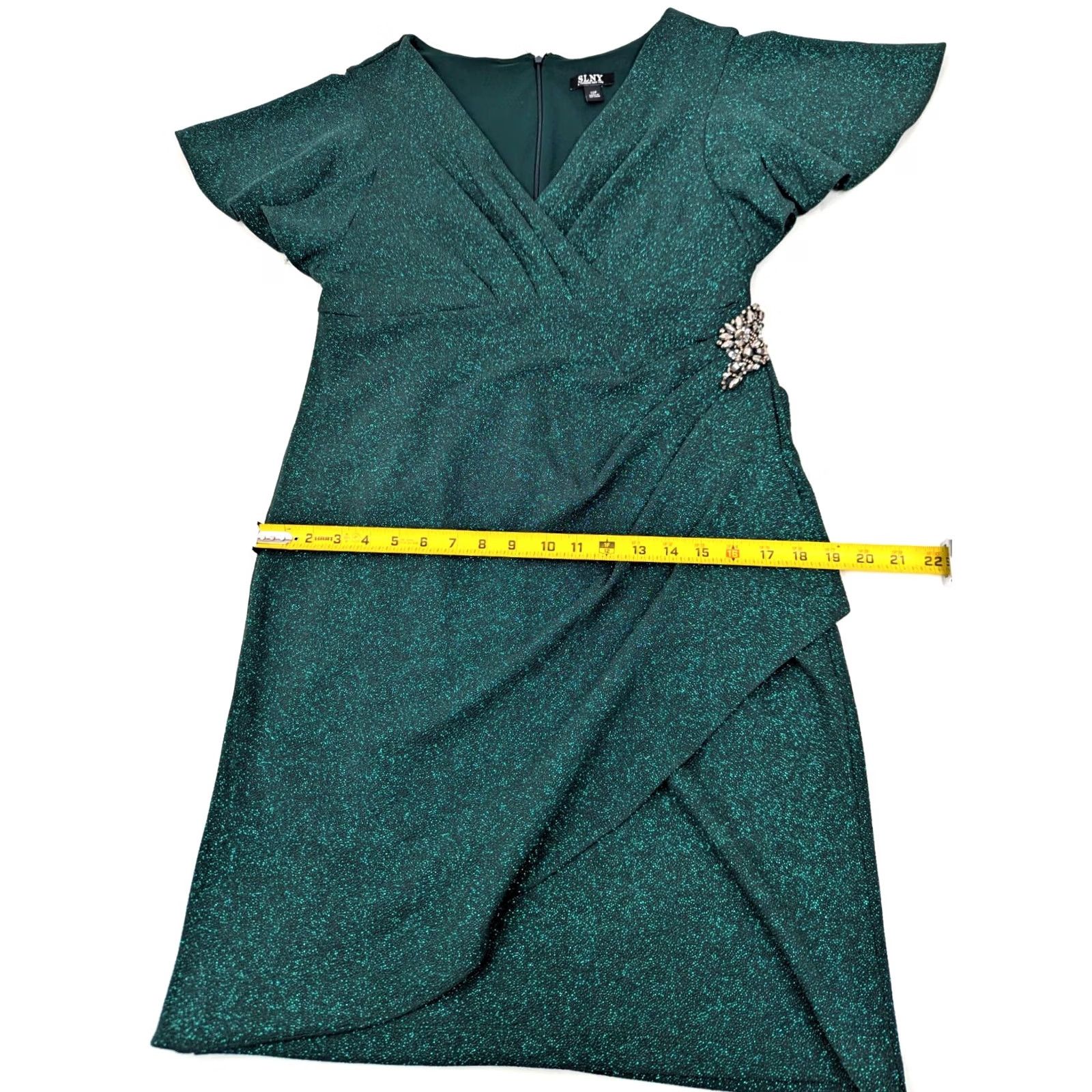 Vintage SLNY Green Glitter Metallic Sheath Dress Women 12P Surplice VNeck Flutter Sleeve Short Sleeve Giftless Size XL / US 12-14 / IT 48-50 - 6 Thumbnail
