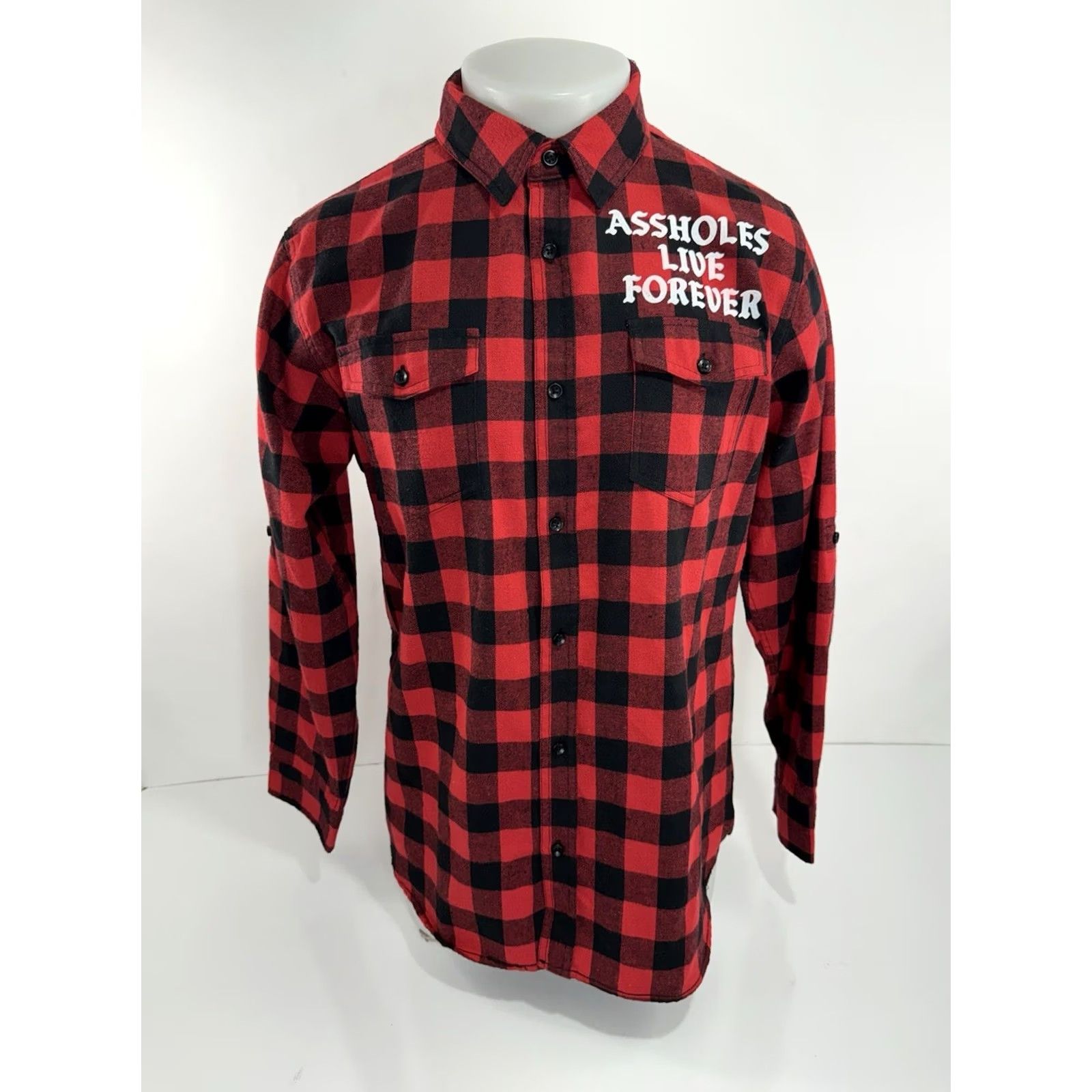 Olive ASSHOLES LIVE FOREVER Plaid Shirts Mens L Flannel Shirt - Multicolor Button-Up Long Sleeve Mens Shirt Size US L / EU 52-54 / 3 - 3 Thumbnail