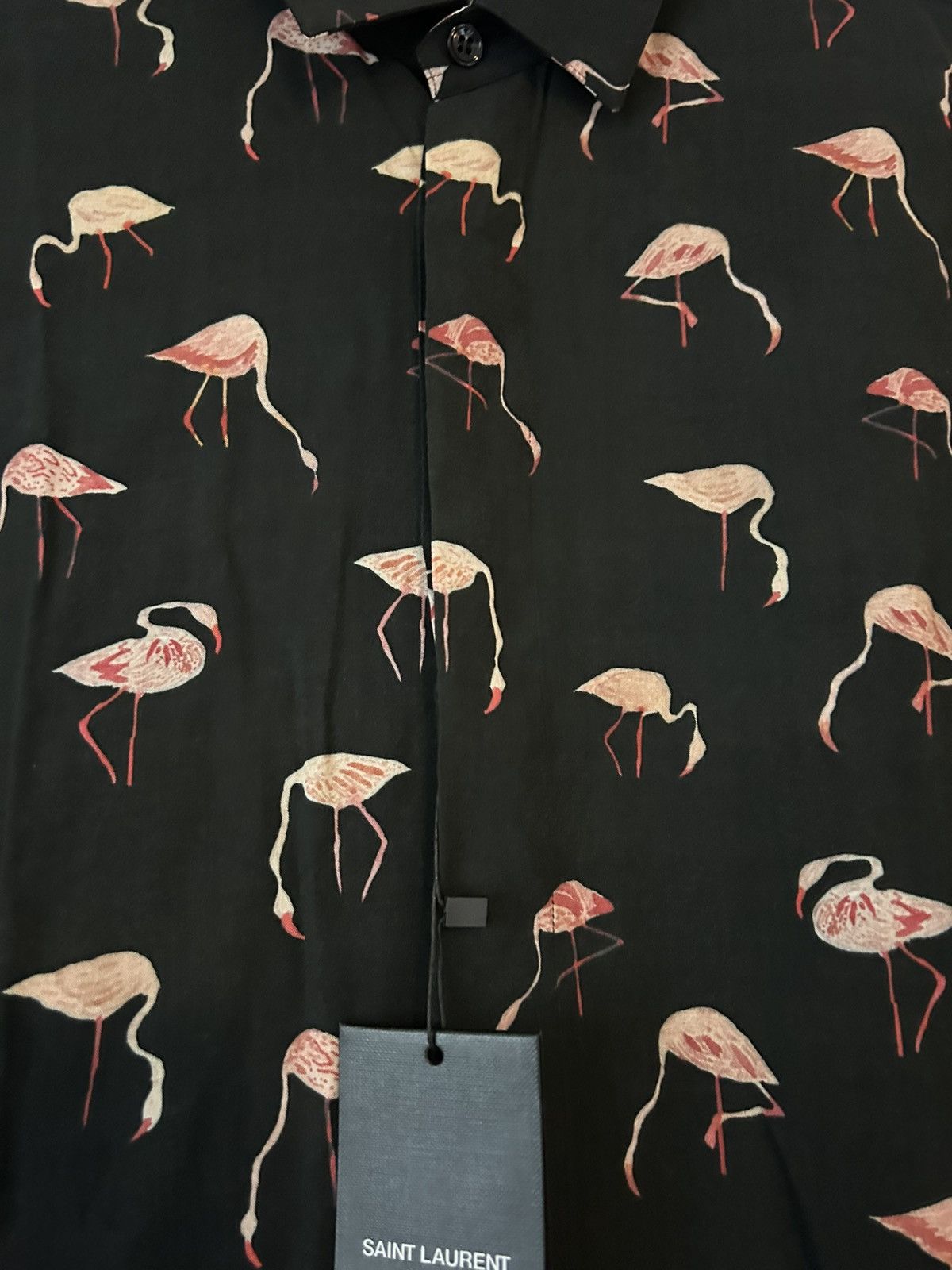 Saint Laurent Paris Saint Laurent Flamingo Print Button-Up Shirt, Black, Viscose Size US L / EU 52-54 / 3 - 11 Thumbnail