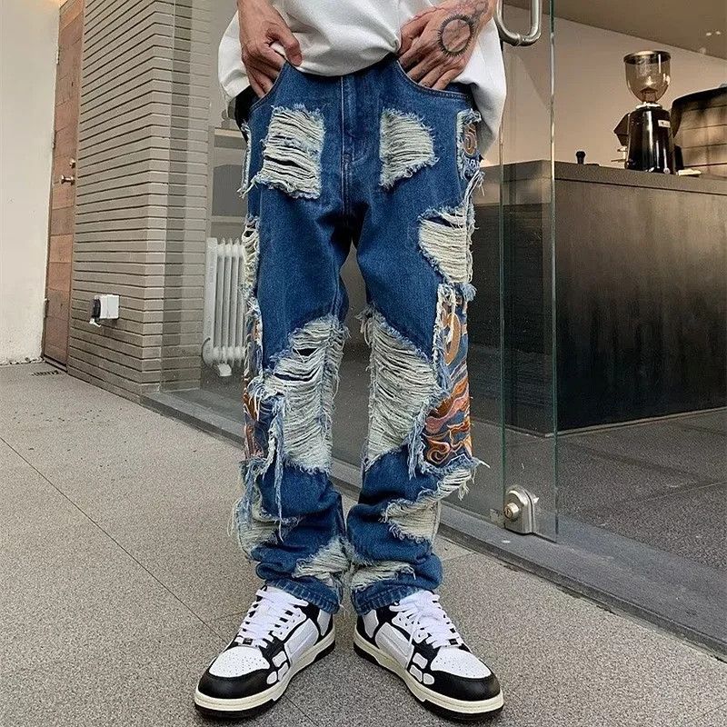 image of Distressed Denim x Jean Y2K Brushed Loosed Straight Leg Jeans in Faded Blue, Men's (Size 38)