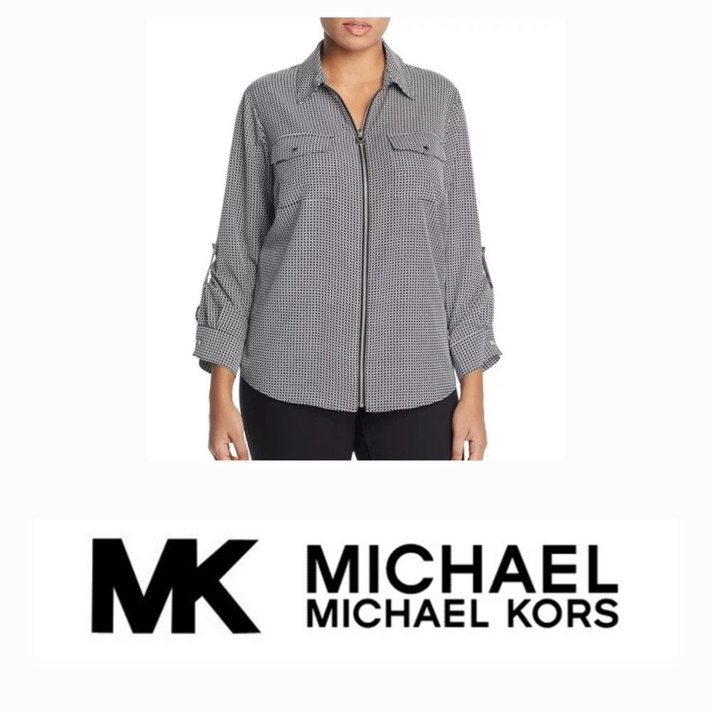 Michael Kors NEW Michael Kors Geometric Black White Full Zip-Up Blouse 3 Size 3XL / US 20-22 - 1 Thumbnail