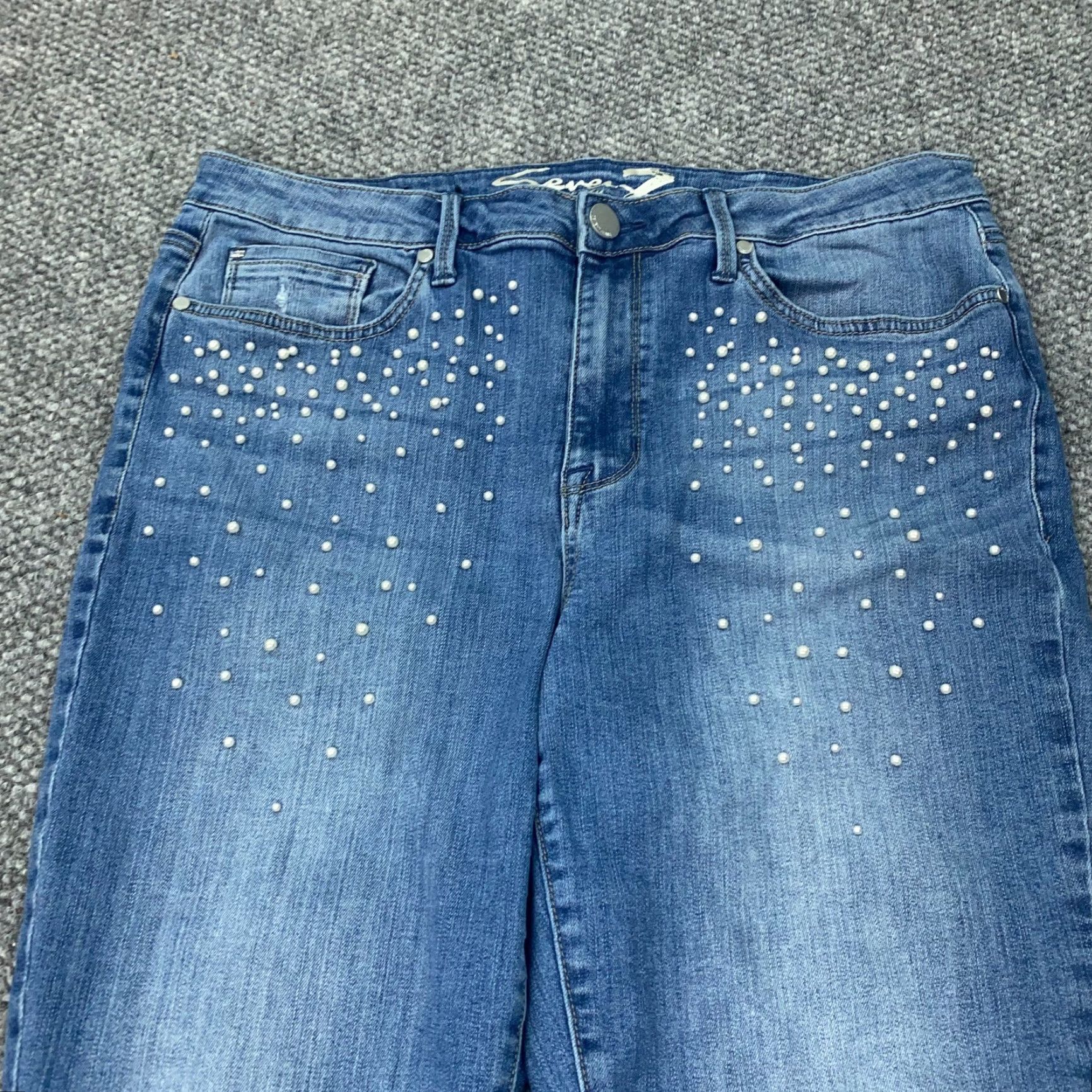 Vintage Seven7 Jeans Size 16 Blue Faded Distressed Beaded Mid-Rise Skinny Stretch Womens Size 35" - 2 Thumbnail