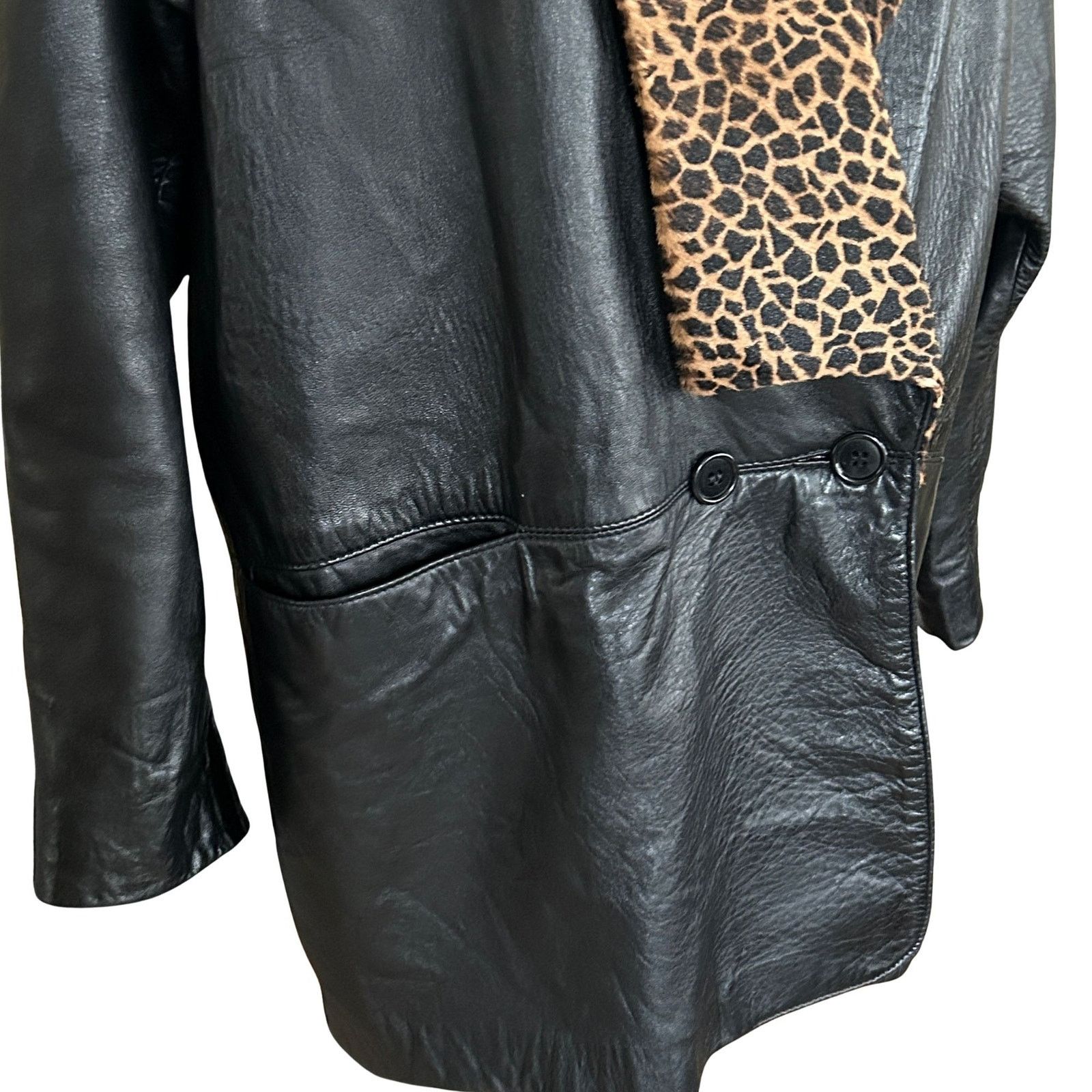 Vintage Vintage 1990s Black Leather Coat Pony Hair Collar Size M / US 6-8 / IT 42-44 - 6 Thumbnail