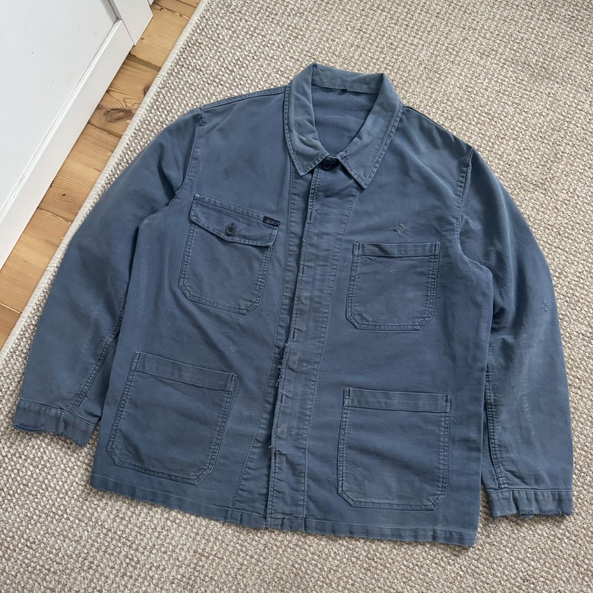 Le Laboureur 70-80s French Vintage Faded Cotton Works Very Worn Jacket Size US XL / EU 56 / 4 - 1 Thumbnail