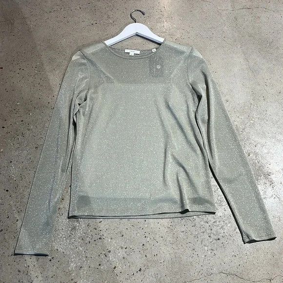 image of Vince. Layered Shimmer Jersey Long Sleeve Crew Neck Top in Silver, Women's (Size Large)