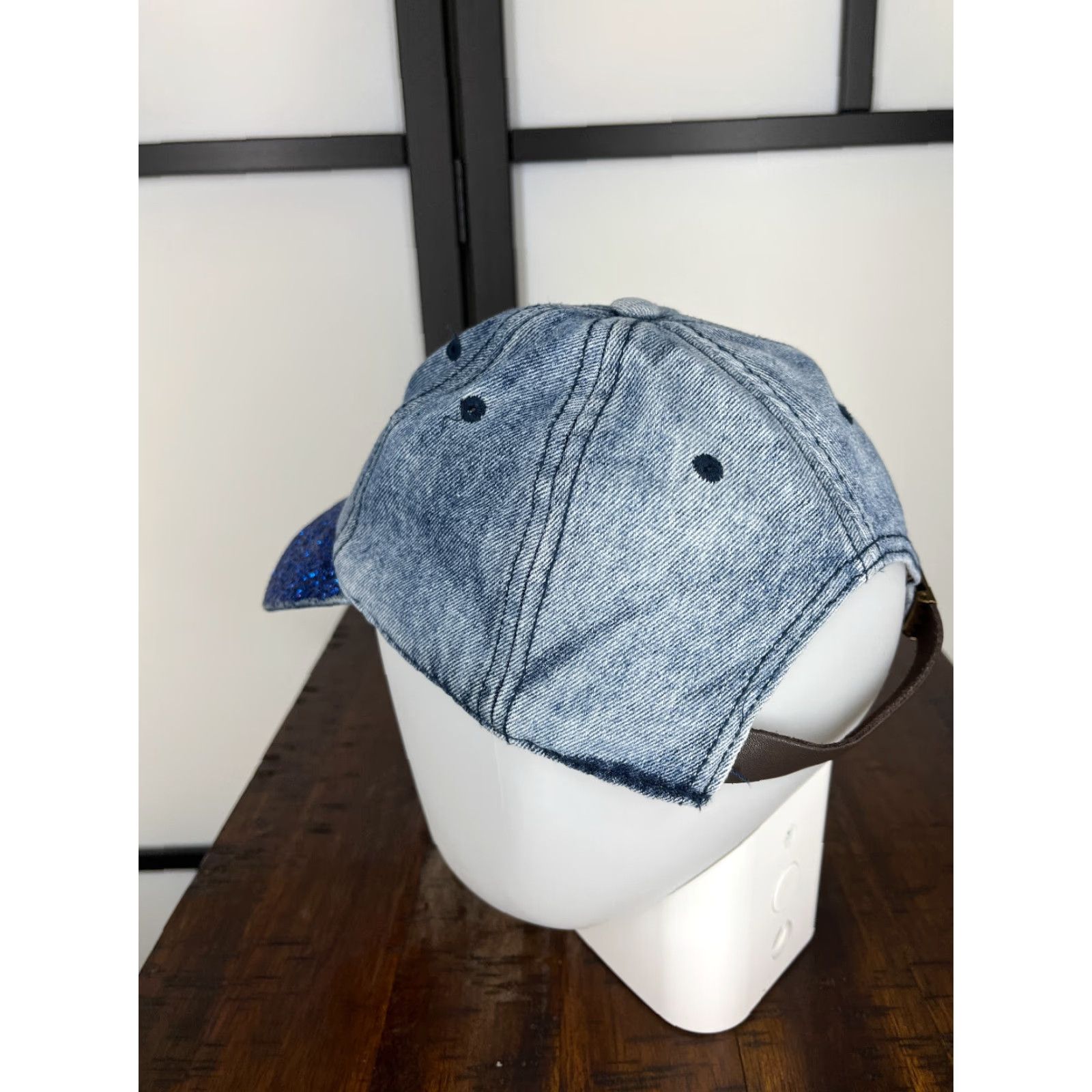 Walmart Walmart Hat Strap Back Womens One Size Blue Denim Look Glittery Sparkly Bill Cotton Size ONE SIZE - 5 Thumbnail