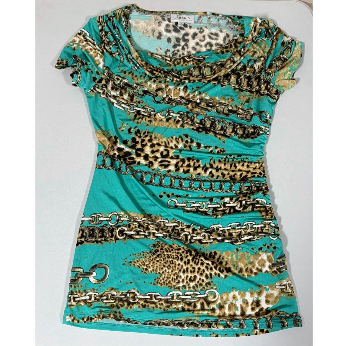 Carmina Teal Leopard Cheetah Gold Chainlink Shirt Top Blouse XS 🐆✨ Size XS / US 0-2 / IT 36-38 - 1 Thumbnail