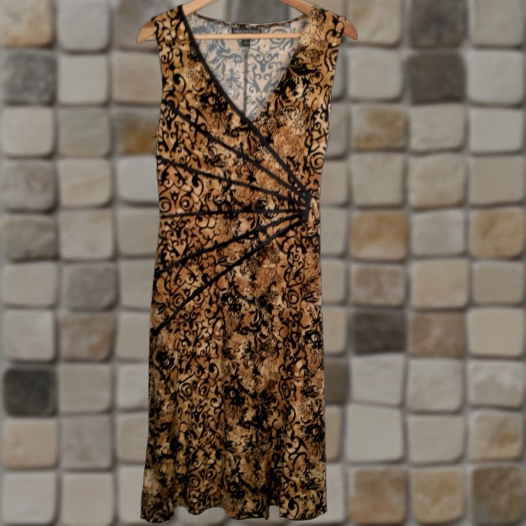 Vintage VINTAGE Connected Apparel Dress Midi Sleeveless V Neck Brown Black Tuscan 12 Women's Polyester Stretch Slimming Reused? Size XL / US 12-14 / IT 48-50 - 1 Thumbnail