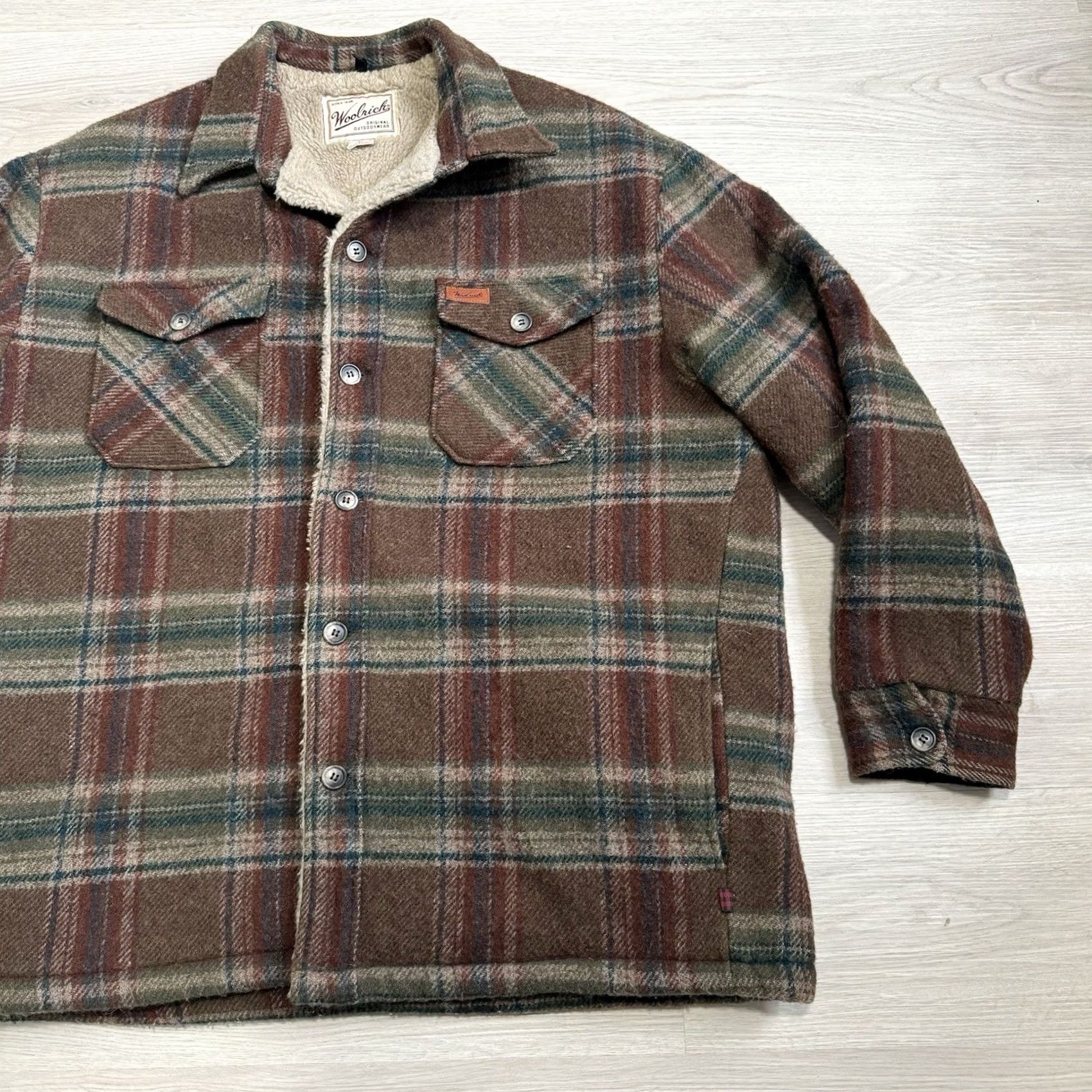Vintage VINTAGE Woolrich Jacket Shacket Plaid Sherpa L Brown Green Button Up 90s Mens M L Size US L / EU 52-54 / 3 - 3 Thumbnail