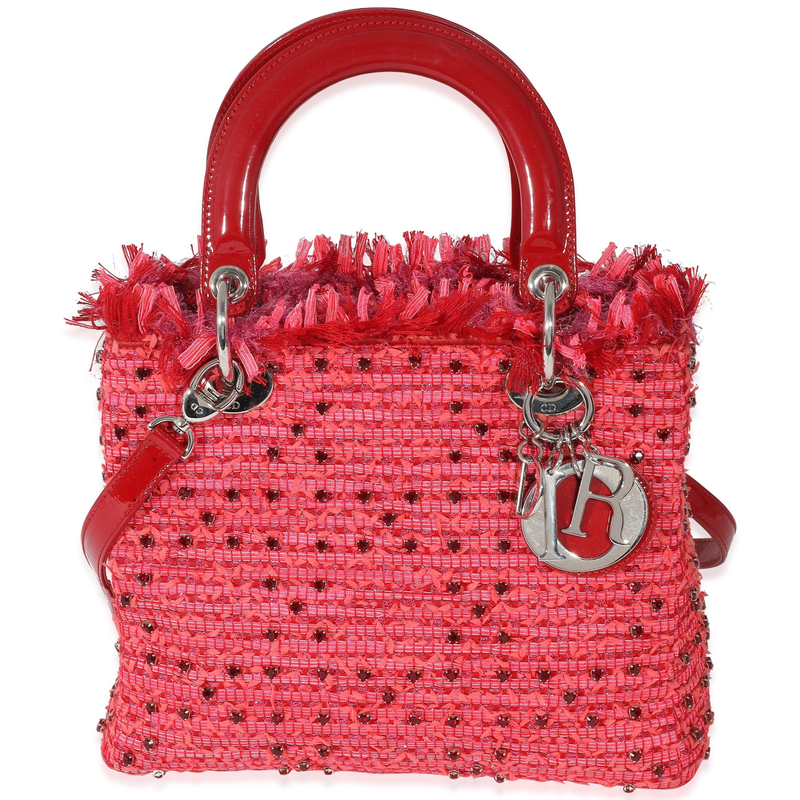 Christian Dior Pink Red Tweed Fringe Medium Lady Dior