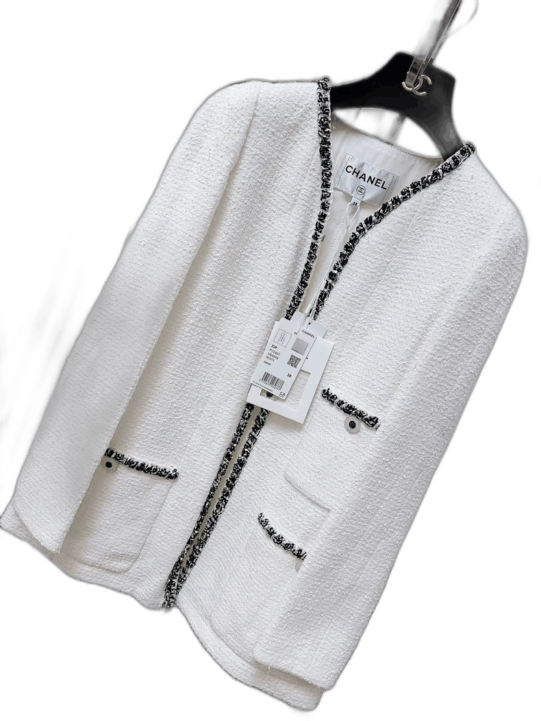 Chanel White Tweed Long Coat with Black Trim