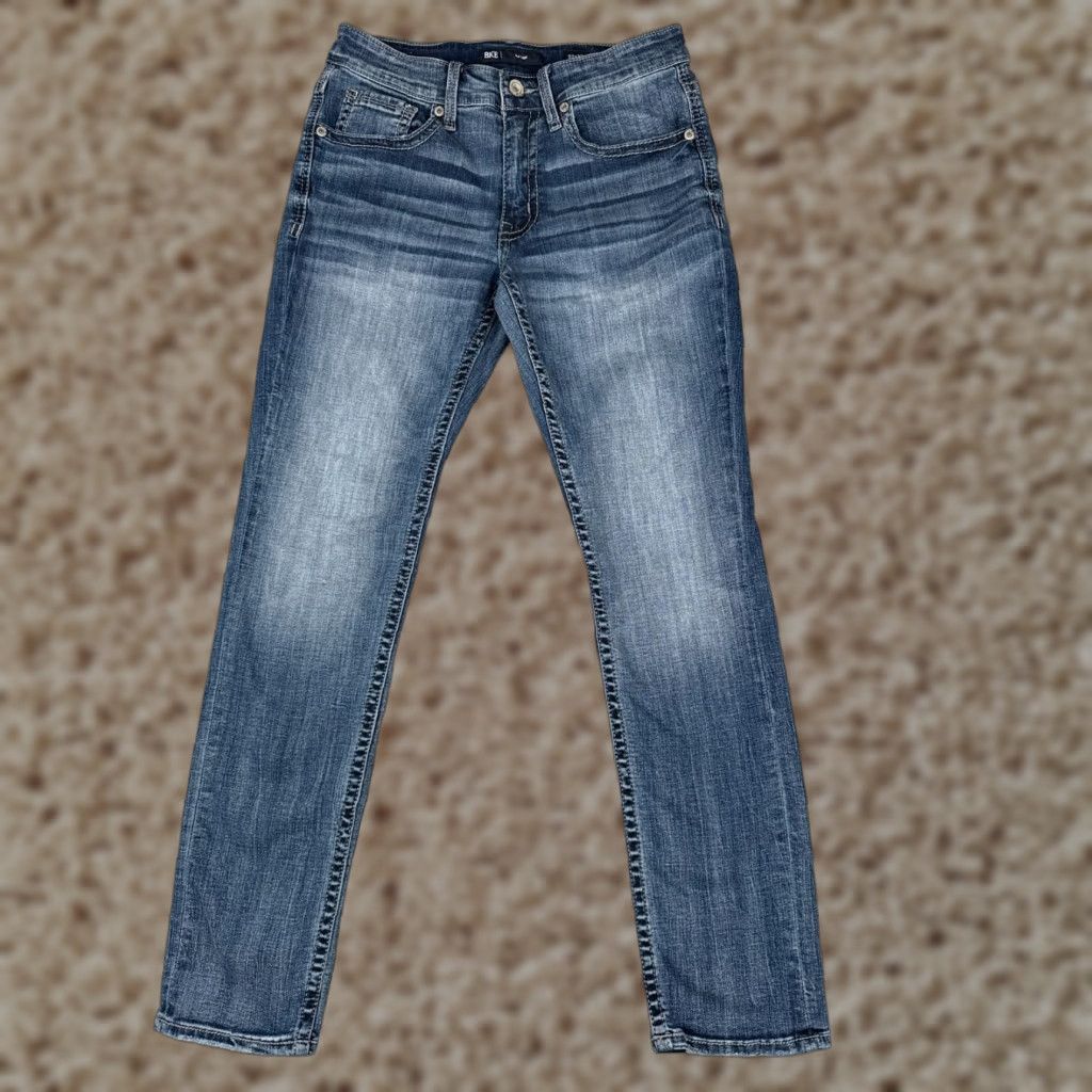 Vintage BKE Jeans Men 30x32 Blue Denim Skinny Mason Cotton Blend Embroidered Mid Rise Jeans Mens 30 Inseam 32in 5-Pocket Logo Harness Buckle Brand Vintage N/A Size US 30 / EU 46 - 1 Thumbnail