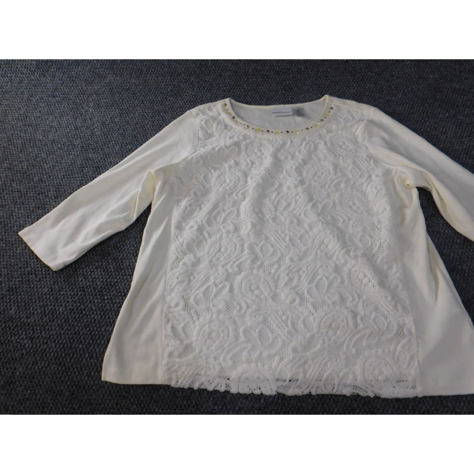 Vintage Alfred Dunner Blouse Casual L Womens Beige Floral Lace Stretch Round Neck Pullover Cotton Polyester Size L / US 10 / IT 46 - 3 Thumbnail