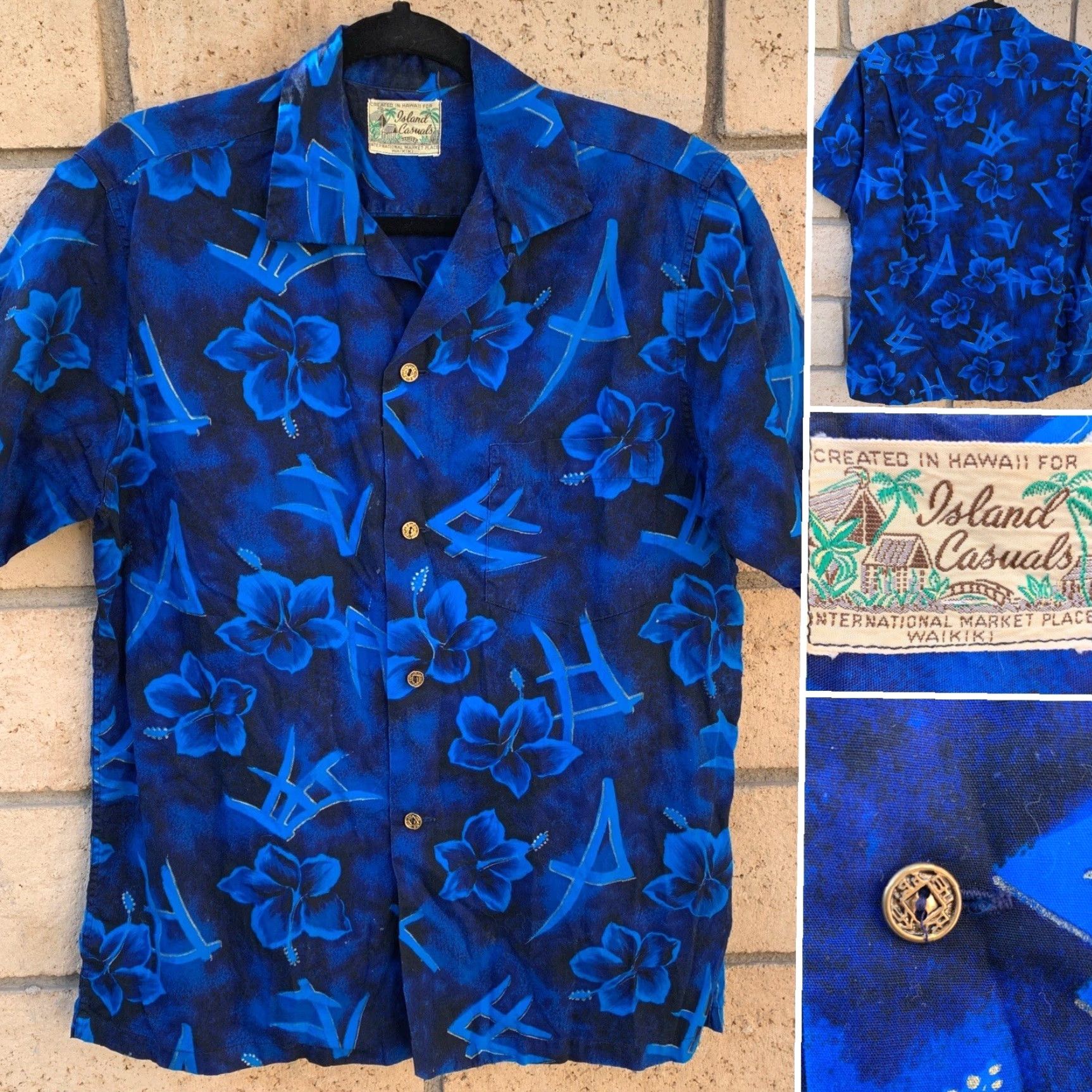 Market VINTAGE Island Casuals Hawaiian Shirt L XL Men Button-Up Short Sleeve Floral Cotton Blue Hawaii Waikiki Island Casuals International Market Place Size US L / EU 52-54 / 3 - 2 Thumbnail