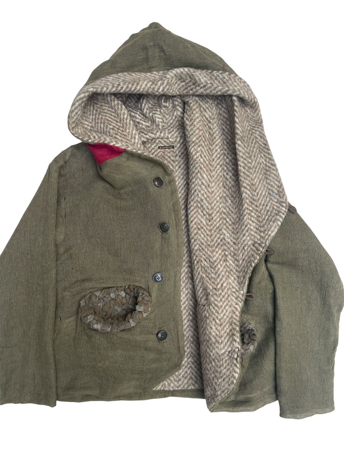 Kapital Kapital Patchwork Hood Jacket Herringbone Lining Fur Pockets Size US L / EU 52-54 / 3 - 1 Thumbnail