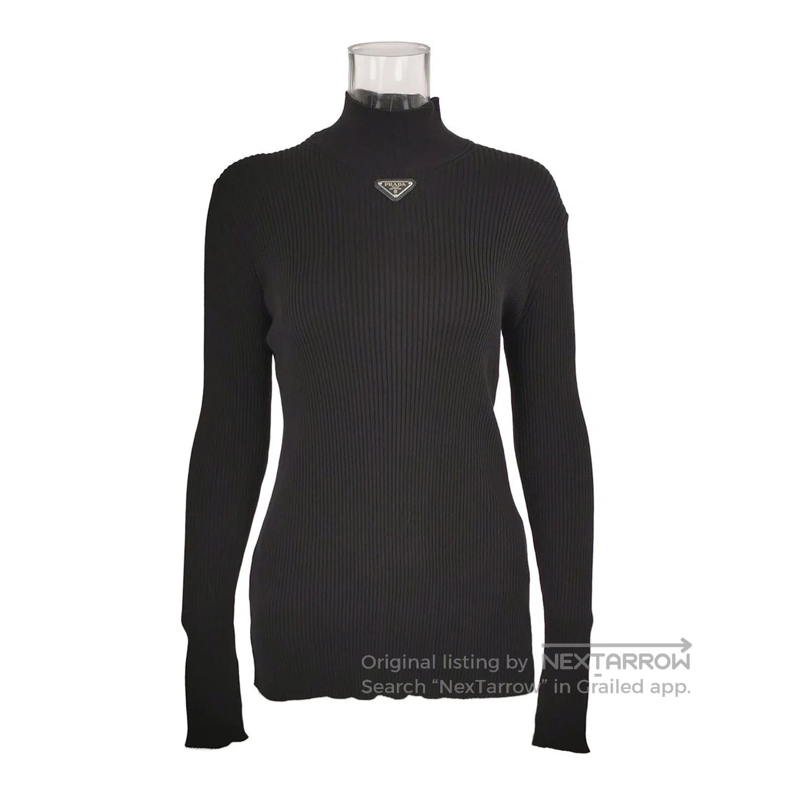 Prada Ribbed Black Knit Sweater with Logo .