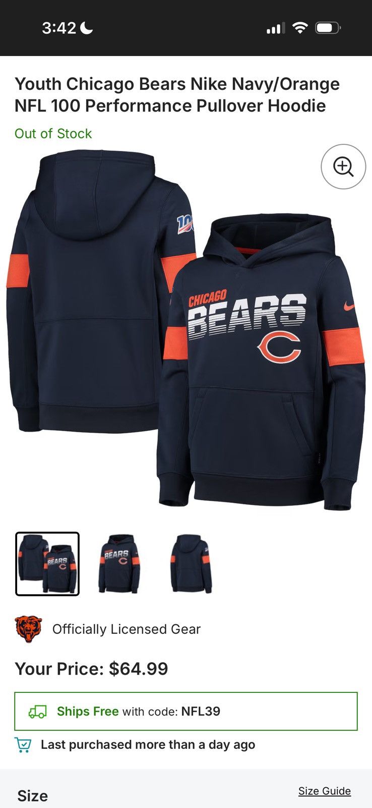 Nike Youth XL NFL 100 Chicago Bears On Field Hoodie Size US S / EU 44-46 / 1 - 6 Thumbnail