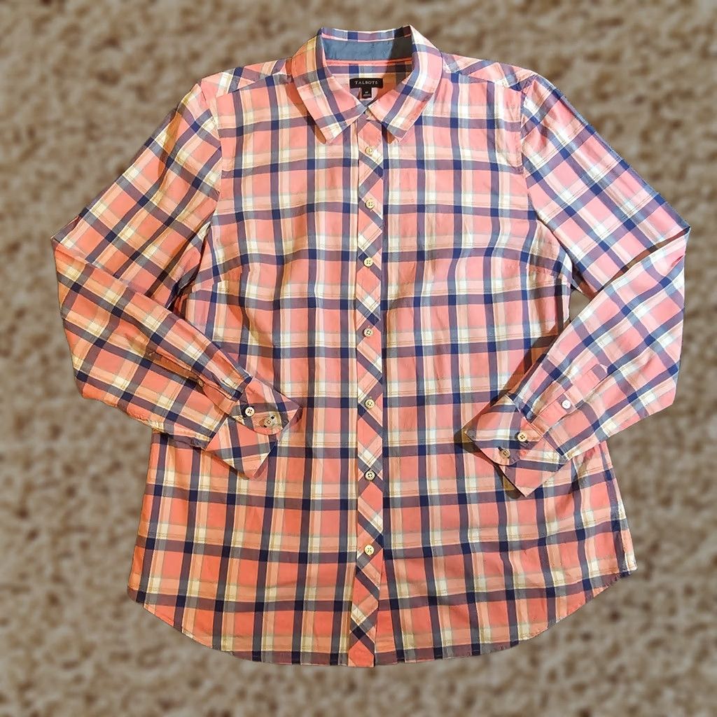 Talbots Talbots Top Blouse Womens Size M Pink Blue Plaid Button Long Sleeve Casual Career Shirt Size M / US 6-8 / IT 42-44 - 1 Thumbnail