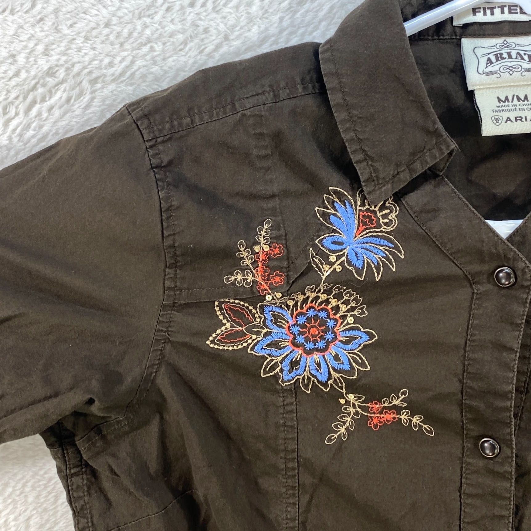 Ariat VINTAGE Ariat Womens Medium Western Cowgirl Shirt Embroidered Flowers Pearl Snap Brown Size M / US 6-8 / IT 42-44 - 5 Thumbnail
