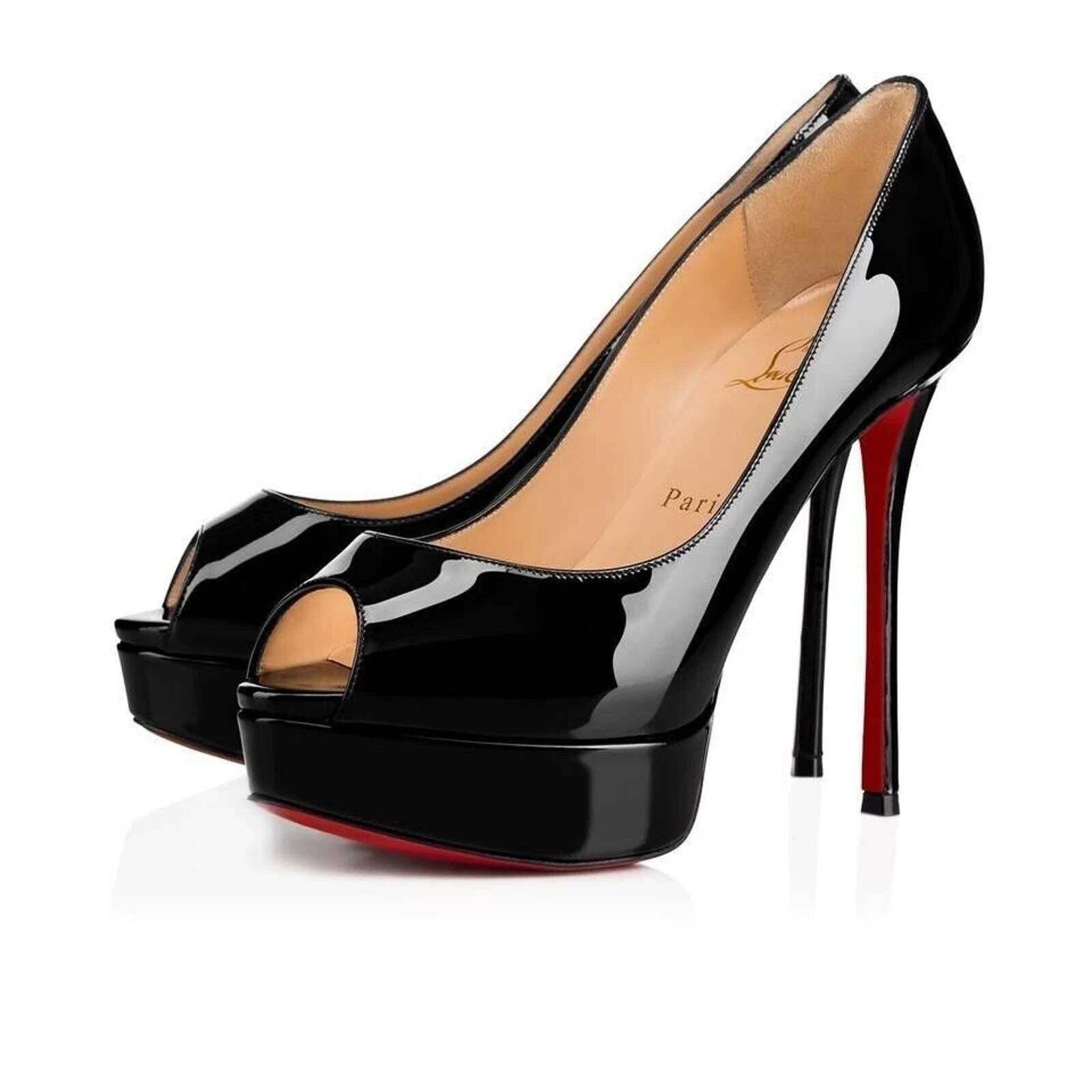 Christian Louboutin Fetish Peep 130 Black Patent Platform Sandal Heel Pump 40 Size US 10 / IT 40 - 1 Thumbnail