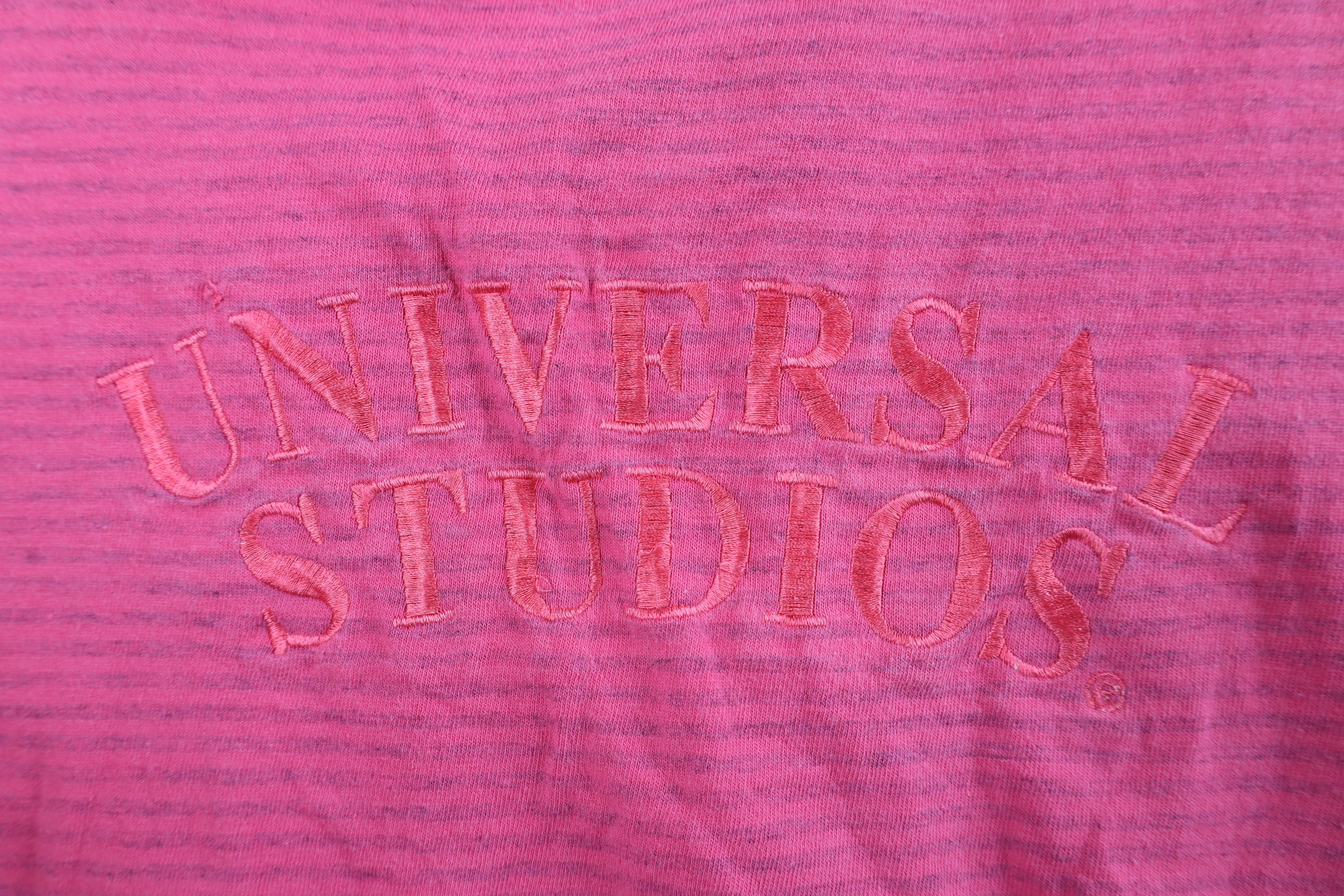 Vintage Vintage 90s Spell Out Striped Universal Studios T-Shirt Pink Size US M / EU 48-50 / 2 - 4 Thumbnail