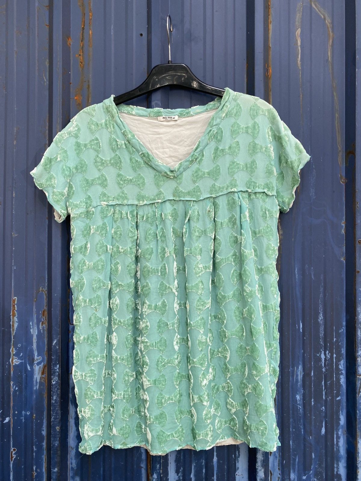 Miu Miu Miu Miu Subtle Bow Pattern Mint Green V Neck Shirt Size S / US 4 / IT 40 - 1 Thumbnail