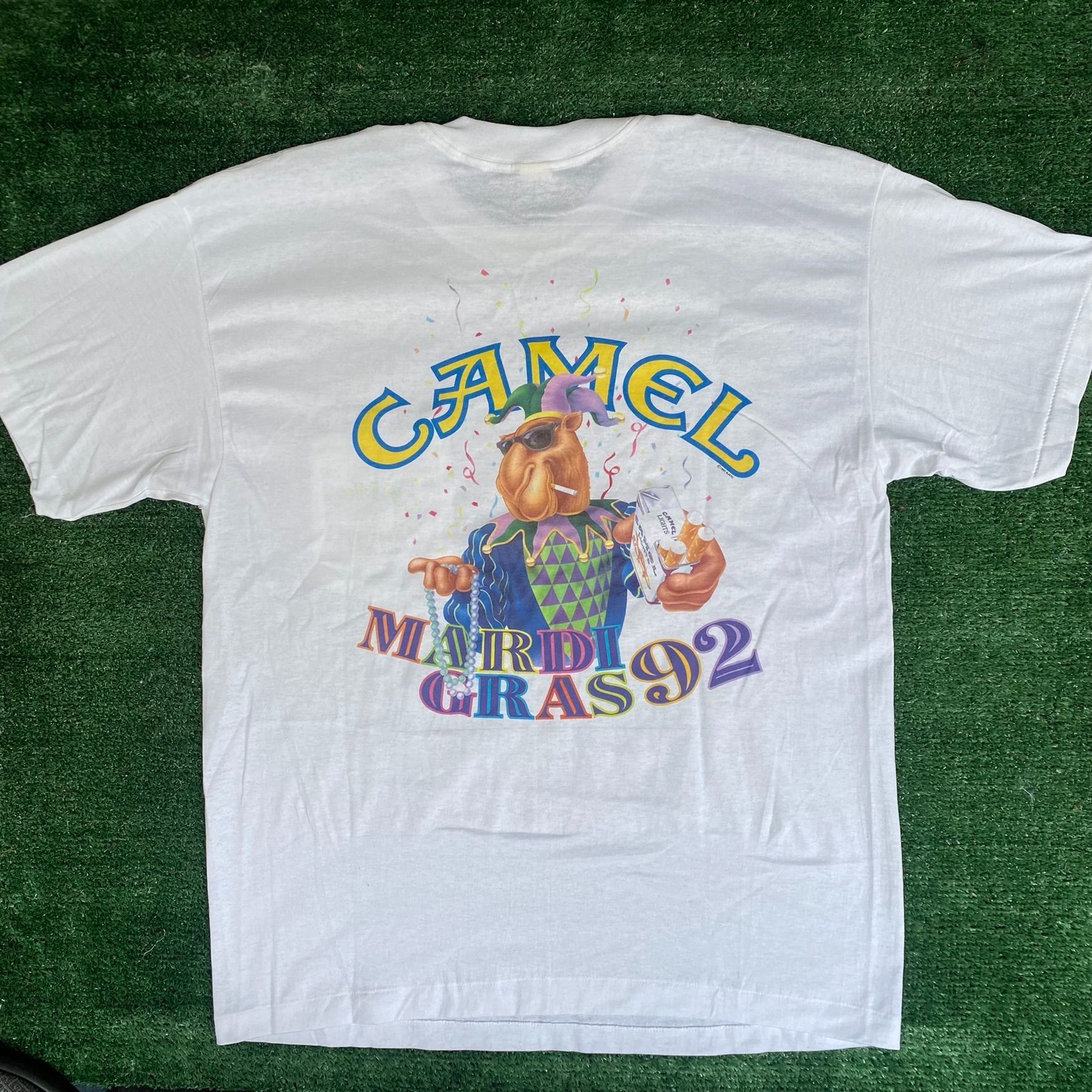 image of Vintage 90's Camel Joe Shirt Mardi Gras Jester 1992 White Tee, Men's (Size XL)