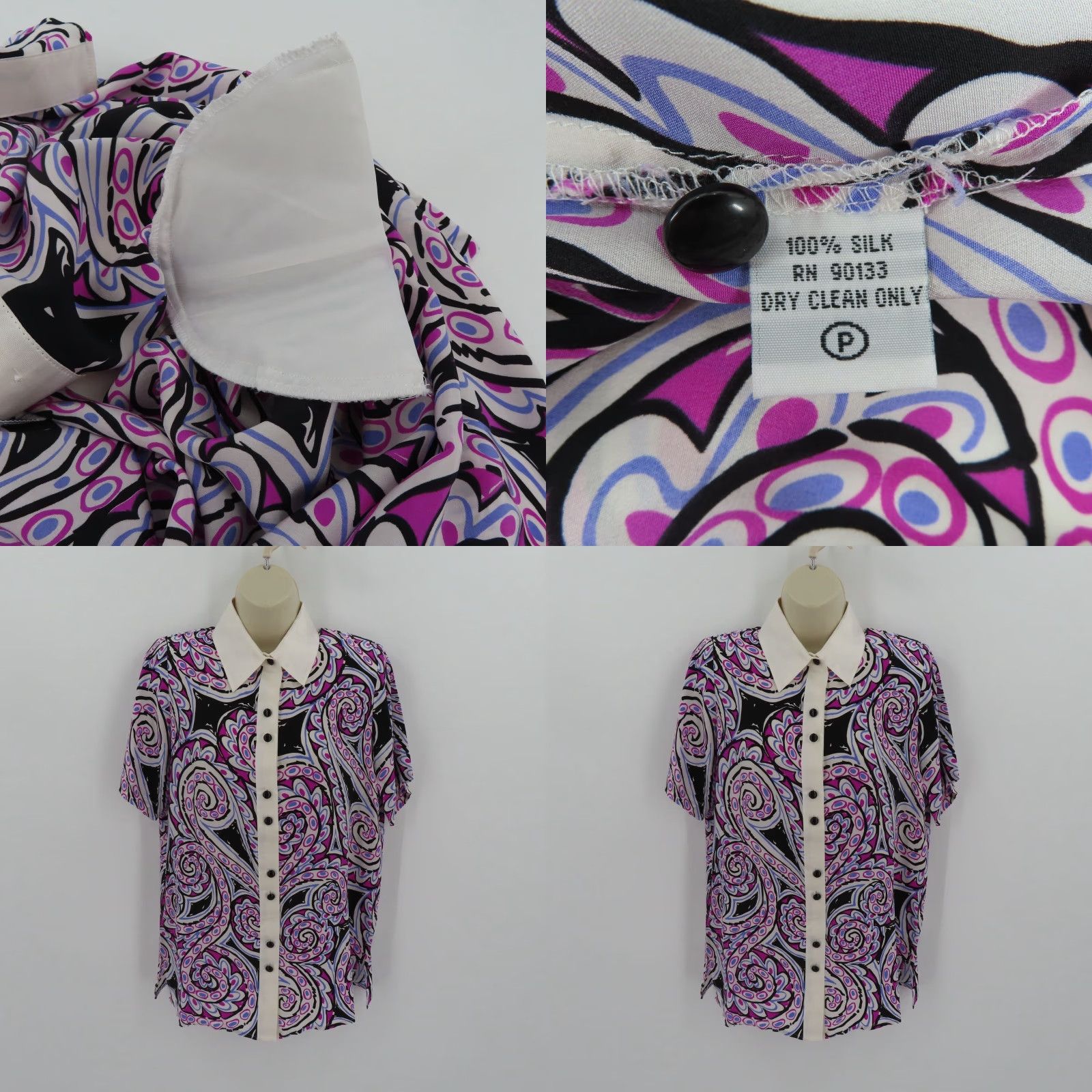 VINTAGE Bob Mackie Womens XS Purple Black White Paisley Scroll Collar Shirt All Silk NEW