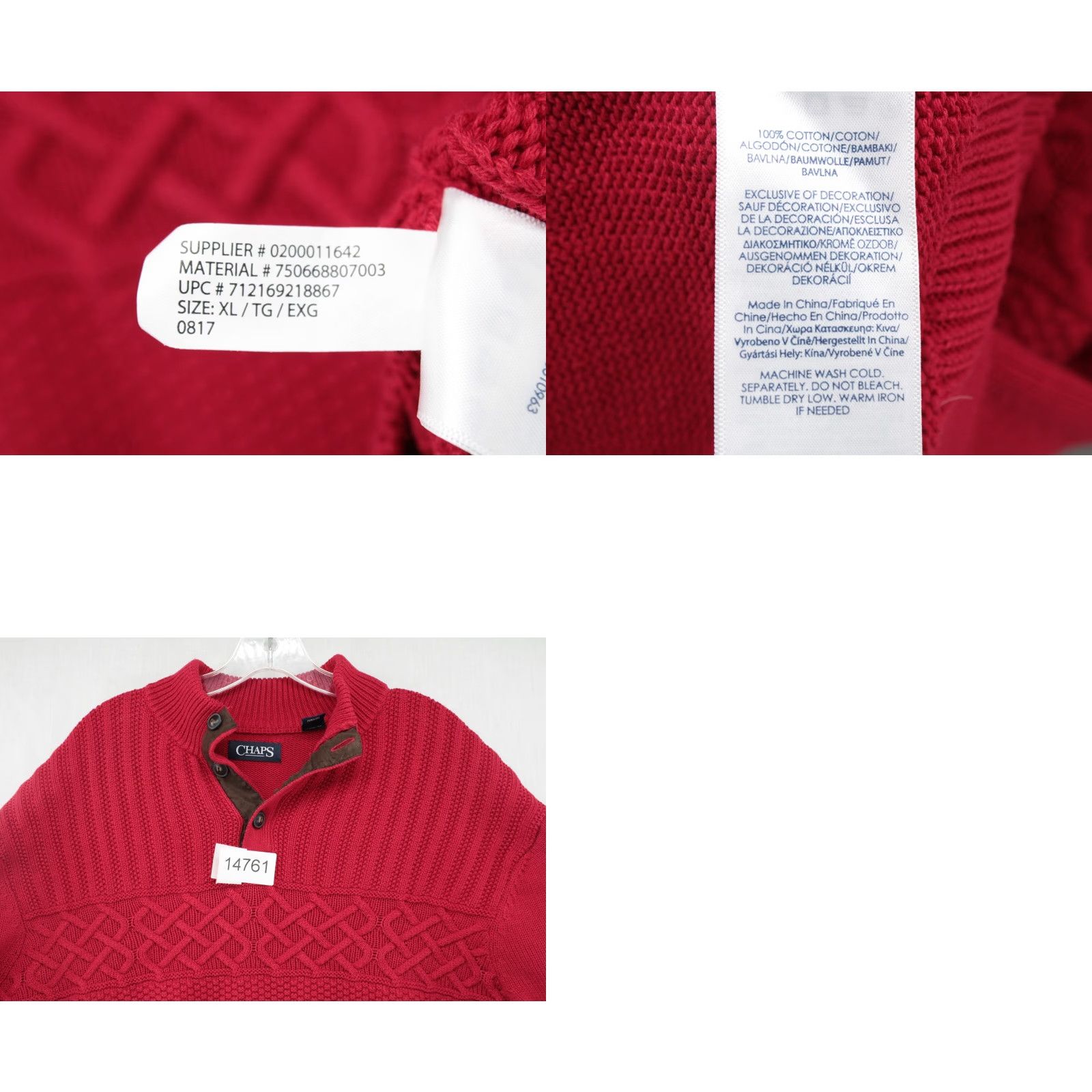Chaps Chaps Sweater Mens XL Red Cable Knit Button Mock Neck Preppy Cabincore Christmas 90s Size US XL / EU 56 / 4 - 8 Thumbnail