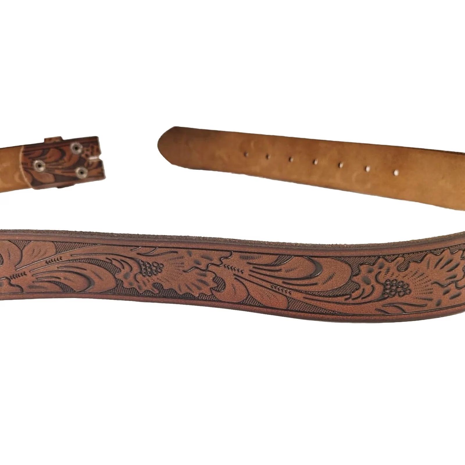 Vintage Belts.Com Western Belt 38 Brown Full Grain Leather Floral Engraved Tooling Men Regular 1.5" Belt Buckleless Size 38 - 5 Thumbnail