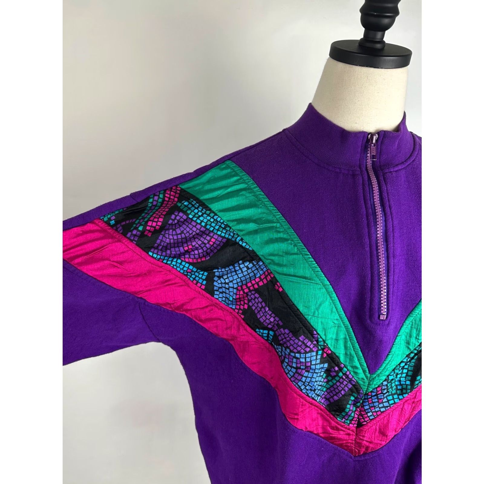 Vintage VINTAGE Active Elements Sweatshirt 80s 90s Geometric Patchwork 1/4 Zip Pullover Purple Women's Large Knit Cotton Blend Casual Womens Size L / US 10 / IT 46 - 4 Thumbnail