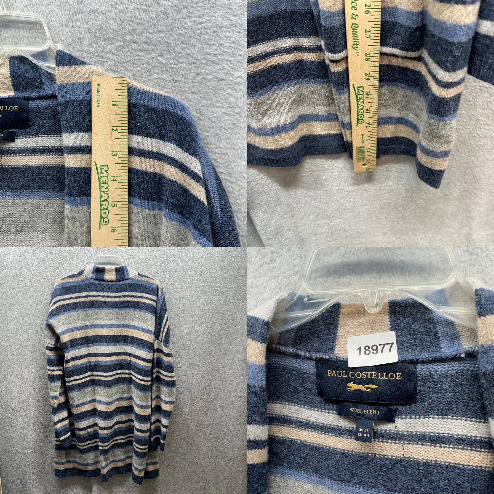 Vintage Paul Costelloe Cardigan Womens XL Blue 100% Wool Open Knit Sweater Shirt Knit Cardigan Womens UK 18 Blue 100% Wool Open Sweater Size XL / US 12-14 / IT 48-50 - 8 Thumbnail