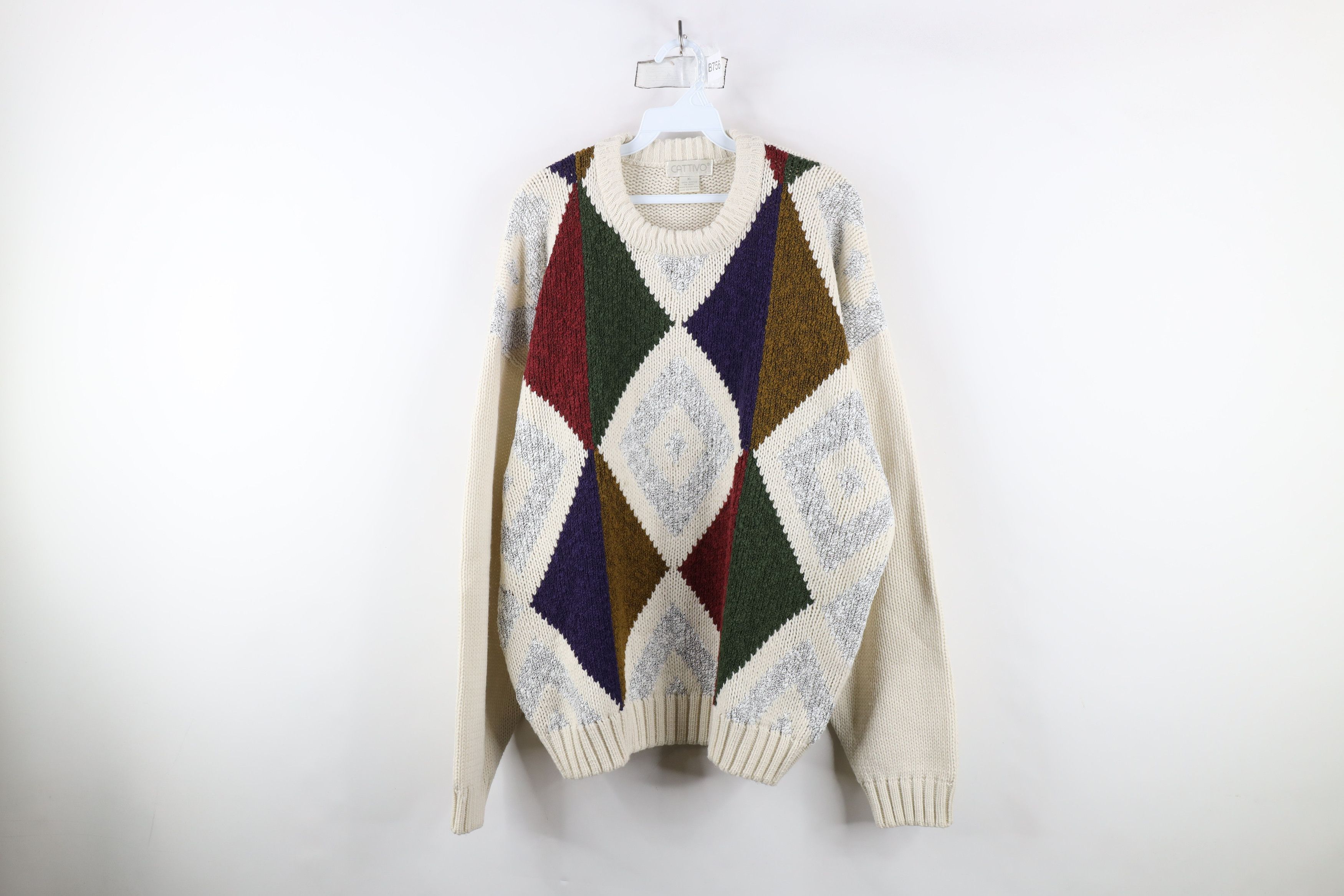 Vintage Vintage 90s Streetwear Diamond Chunky Knit Dad Sweater Size US XL / EU 56 / 4 - 1 Thumbnail