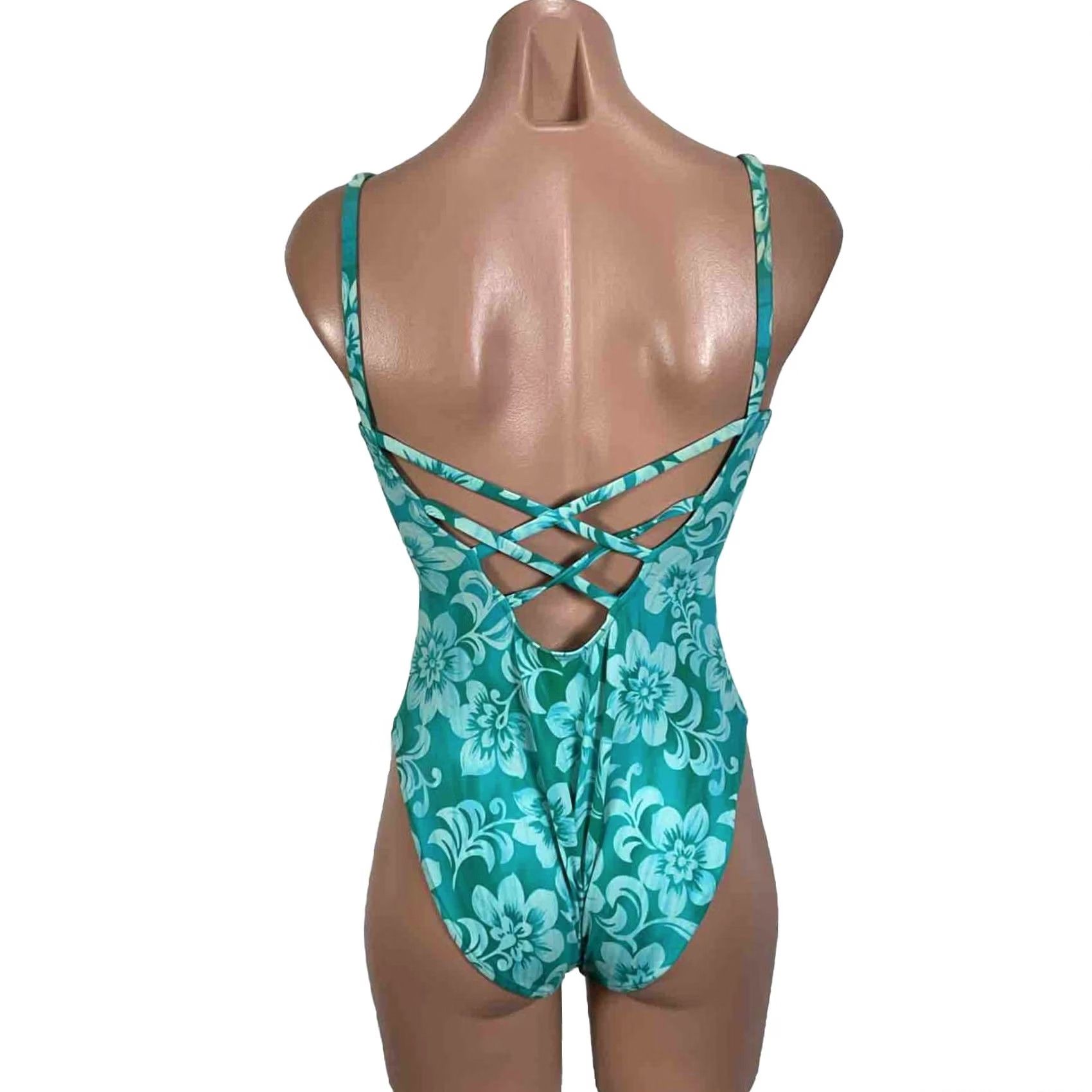 AQUA VINTAGE Leilani One Piece Swimsuit Aqua Blue Floral Hi-Cut 90s Y2K Womens Size 10 Size ONE SIZE - 2 Thumbnail