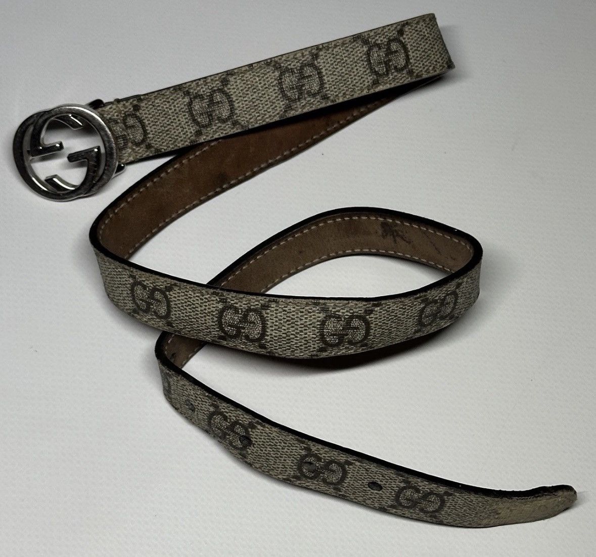 Gucci Gucci Beige/Brown GG Thin Belt 70cm Silver Buckle Size ONE SIZE - 3 Thumbnail